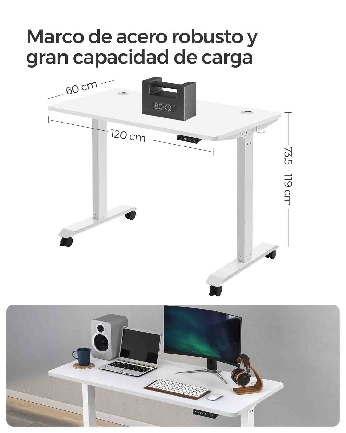 Escritorio Elevable Eléctrico, Mesa Regulable en Altura, Escritorio Ordenador, 60x120 cm, Marco de Aero, Blanco, Songmics, 6