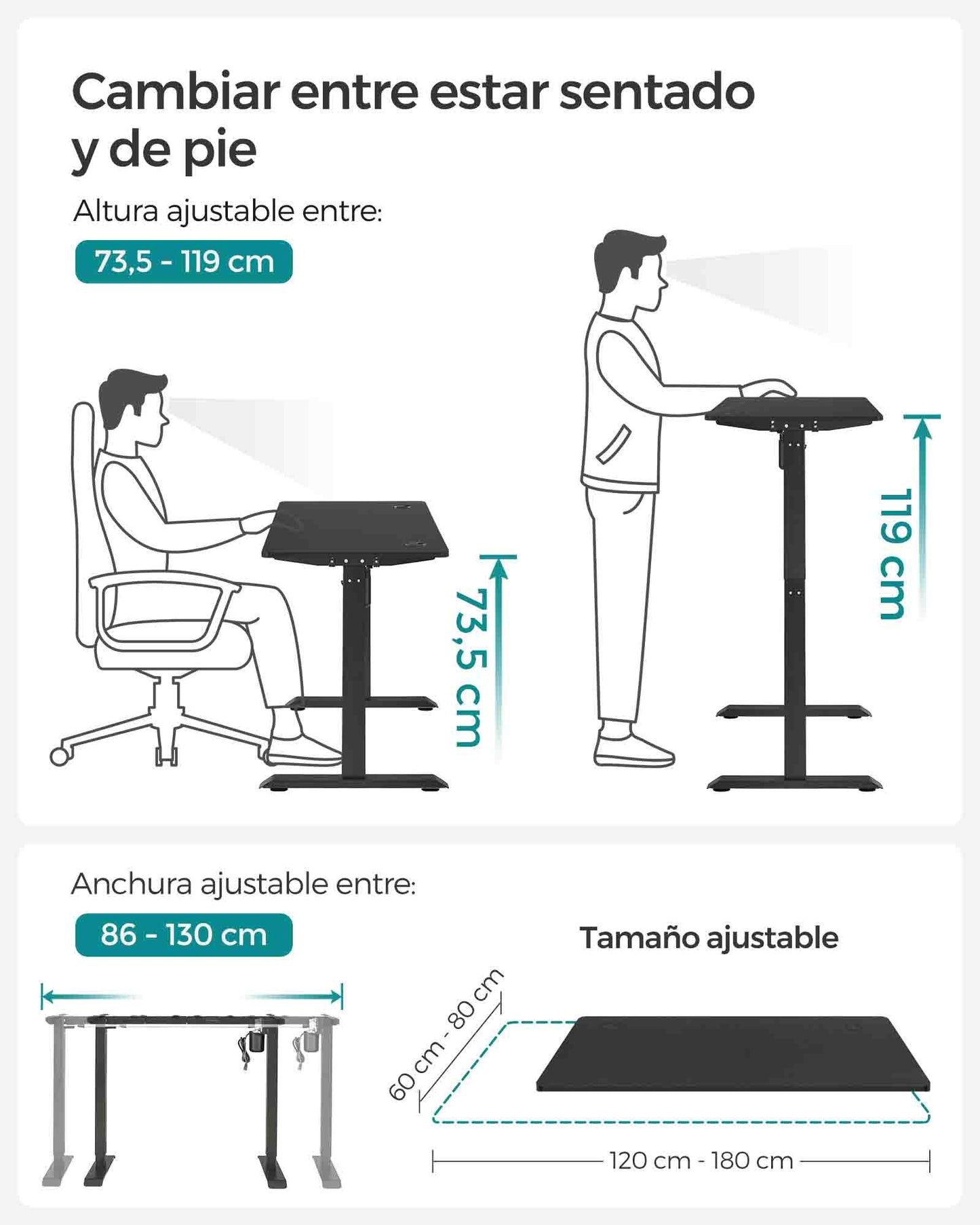 Escritorio Elevable Eléctrico, Mesa Regulable en Altura, Mesa Ordenador, 70 x 140 cm, Memoria de 3 Alturas, Marco de Aero, Negro, Songmics, 3