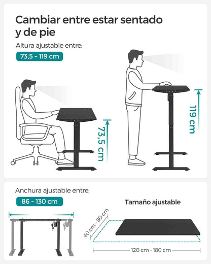 Escritorio Elevable Eléctrico, Mesa Regulable en Altura, Mesa Ordenador, 70 x 140 cm, Memoria de 3 Alturas, Marco de Aero, Negro, Songmics, 3