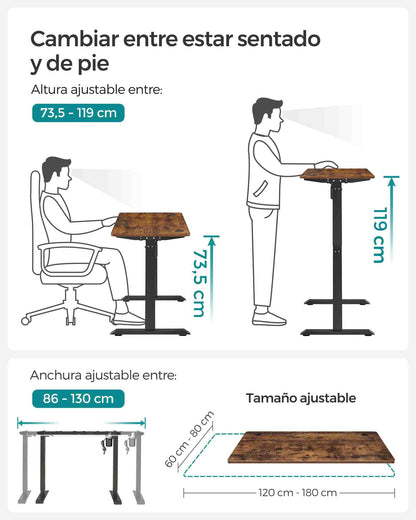 Escritorio Elevable Eléctrico, Mesa Regulable en Altura, 70 x 140 cm, Memoria de 3 Alturas, Marrón Rústico y Negro, Songmics, 3