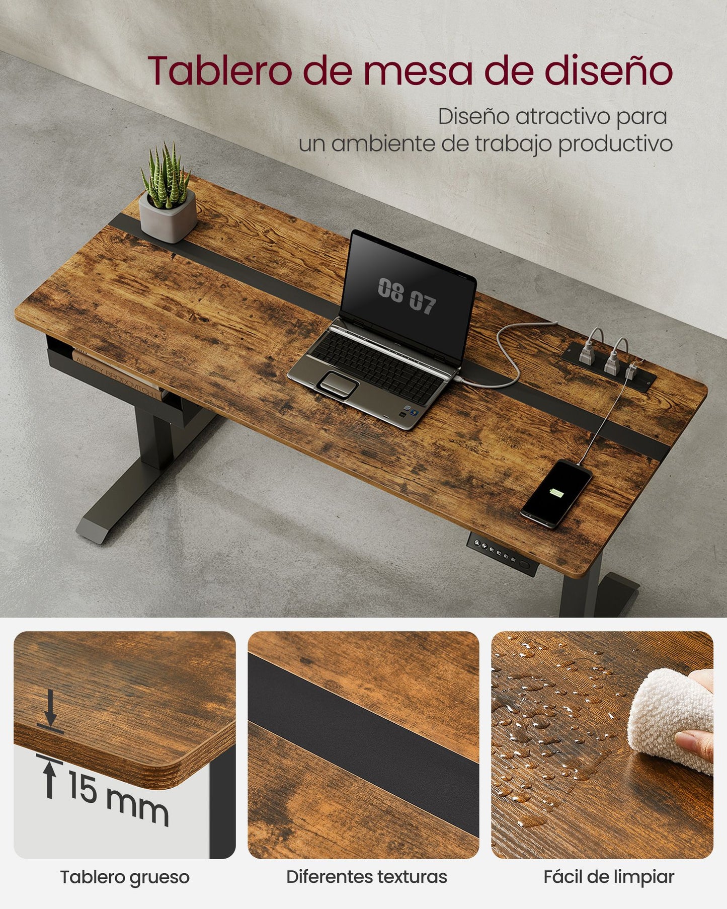 Escritorio Elevable Eléctrico, Mesa Regulable en Altura, Mesa Ordenador, 60x140cm, 4 Alturas, Marron Rústico y Negro, Vasagle, 5