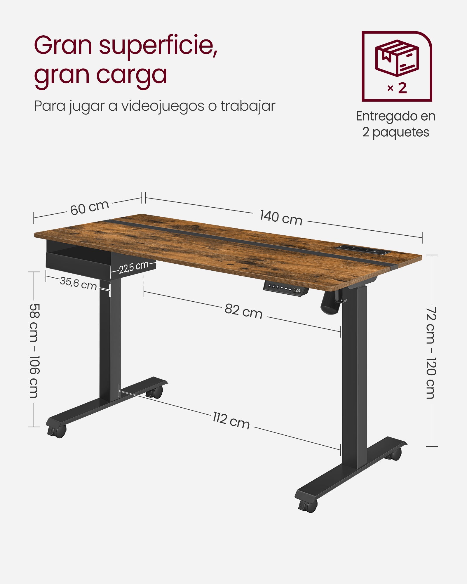 Escritorio Elevable Eléctrico, Mesa Regulable en Altura, Mesa Ordenador, 60x140cm, 4 Alturas, Marron Rústico y Negro, Vasagle, 7