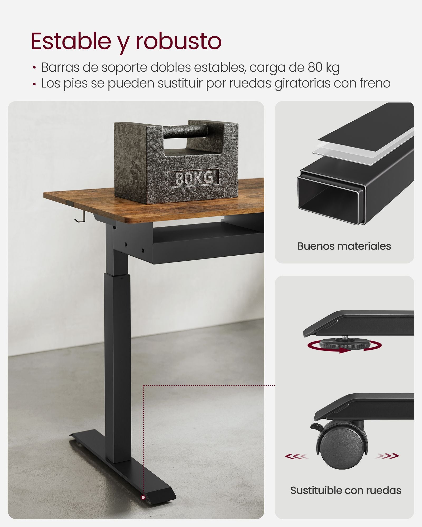 Escritorio Elevable Eléctrico, Mesa Regulable en Altura, Mesa Ordenador, 60x140cm, 4 Alturas, Marron Rústico y Negro, Vasagle, 8