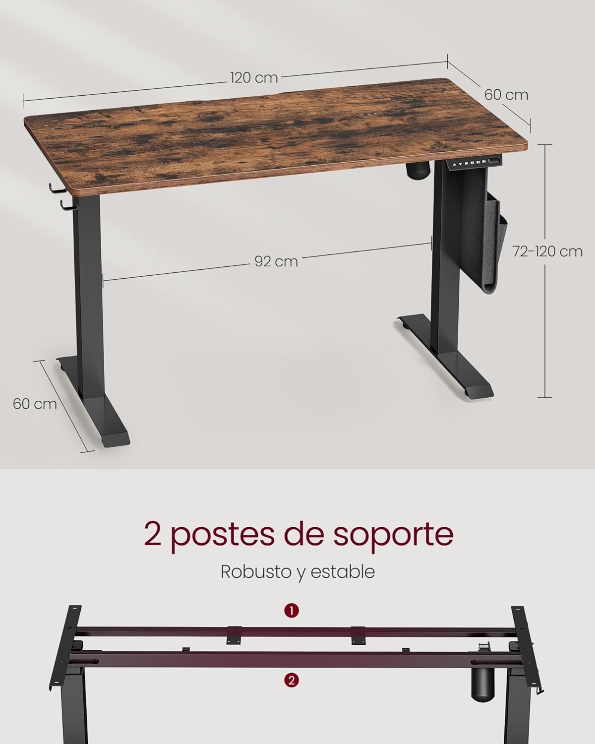 Escritorio Elevable Eléctrico, Mesa Regulable en Altura, 60 x 120 cm, Ajuste Continuo, 4 Alturas, Marrón Rústico, Vasagle, 2