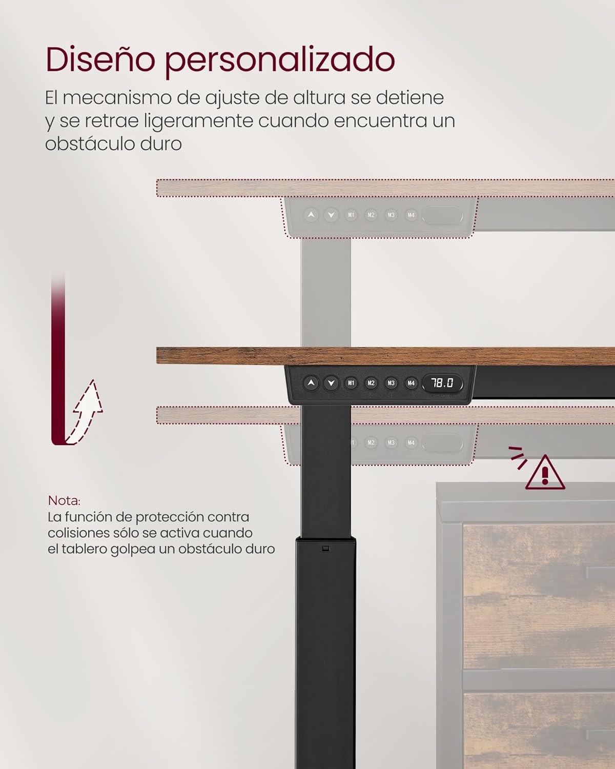 Escritorio Elevable Eléctrico, Mesa Regulable en Altura, 60 x 120 cm, Ajuste Continuo, 4 Alturas, Marrón Rústico, Vasagle, 7