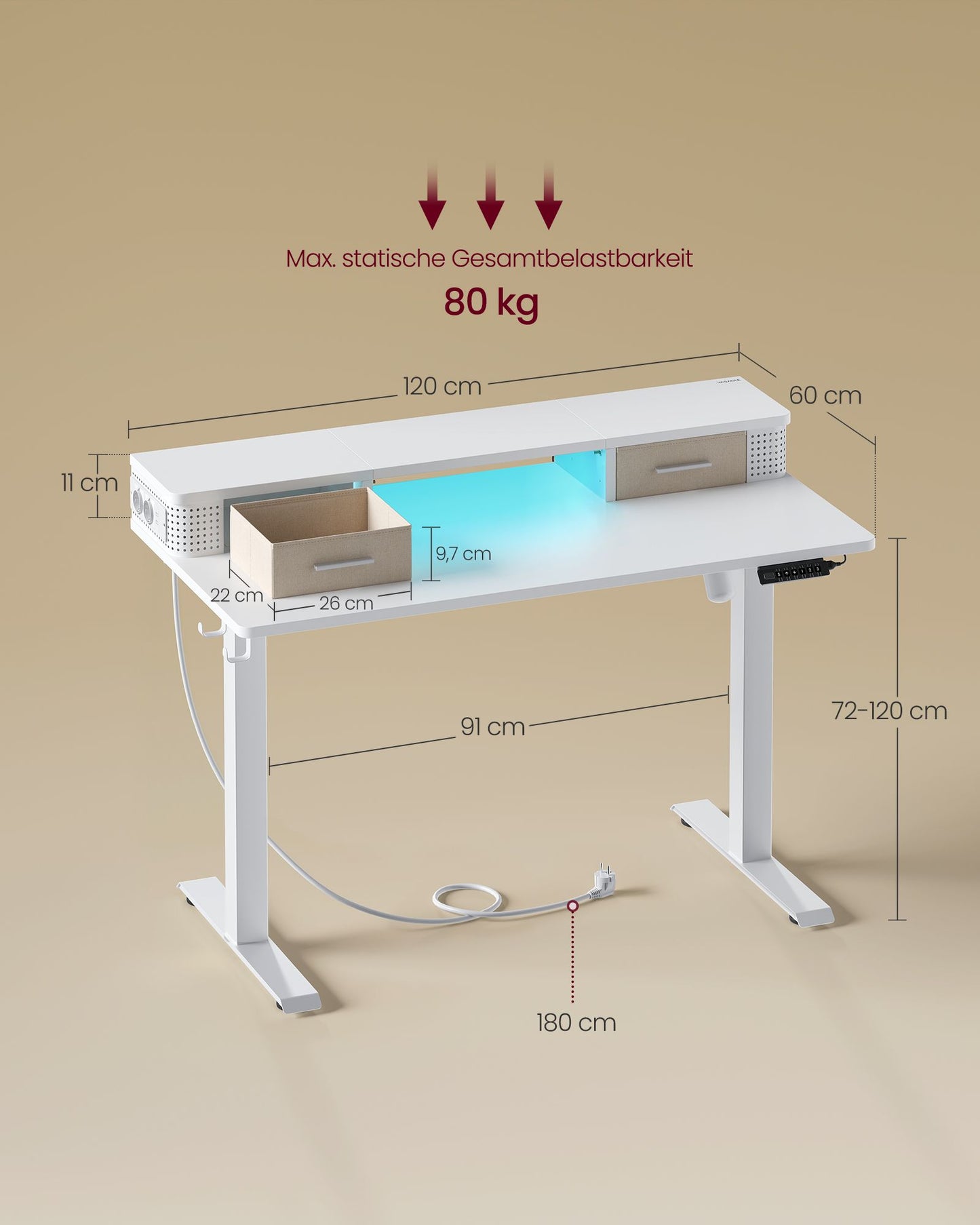 Escritorio Elevable Eléctrico, Mesa Regulable en Altura, 60x120 cm, Soporte para Pantalla, Gancho, Blanco, Vasagle, 7