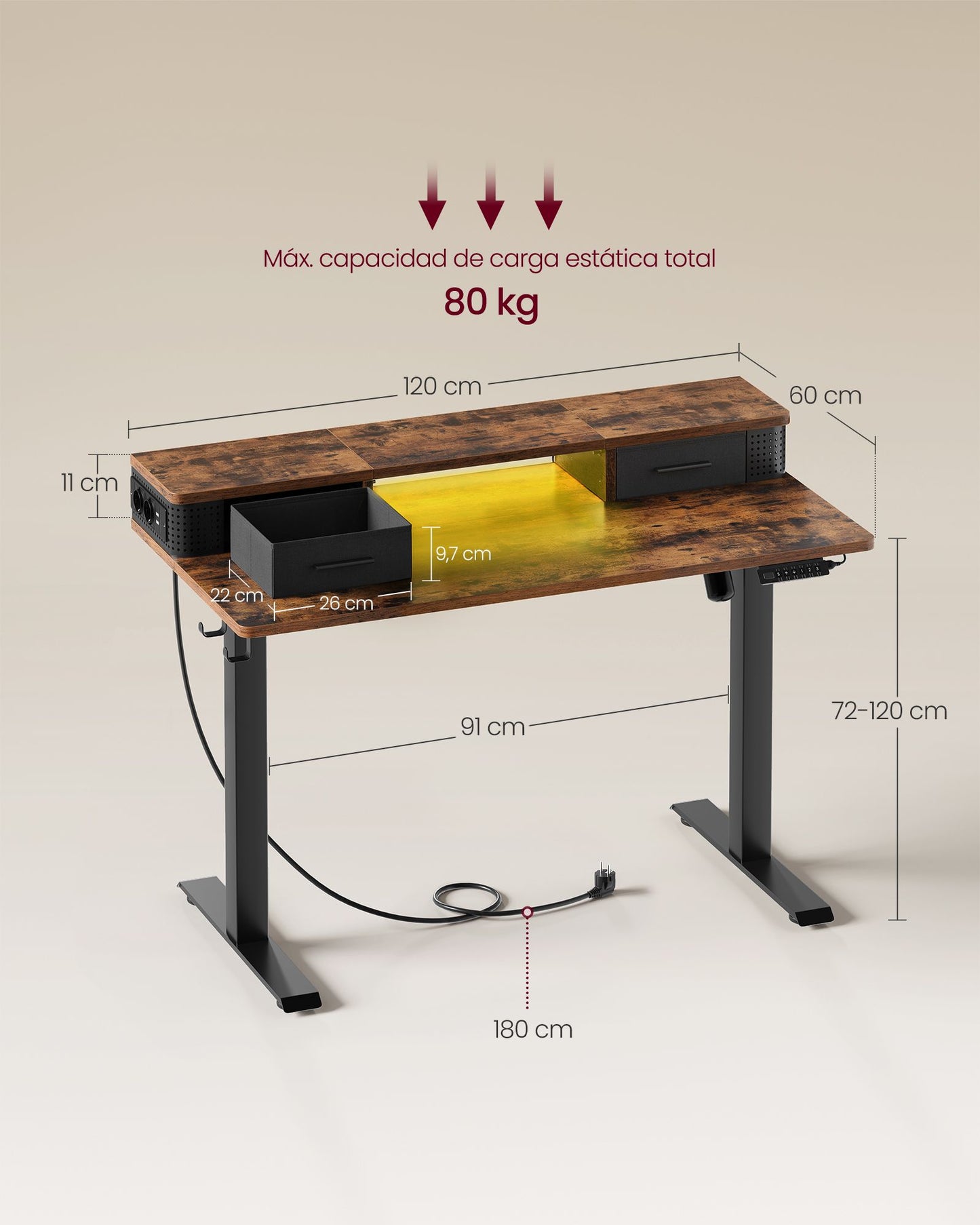 Escritorio Elevable Eléctrico, Mesa Regulable en Altura, Mesa Ordenador, 60 x 120 cm, Gancho, Marrón Rústico, Vasagle, 7