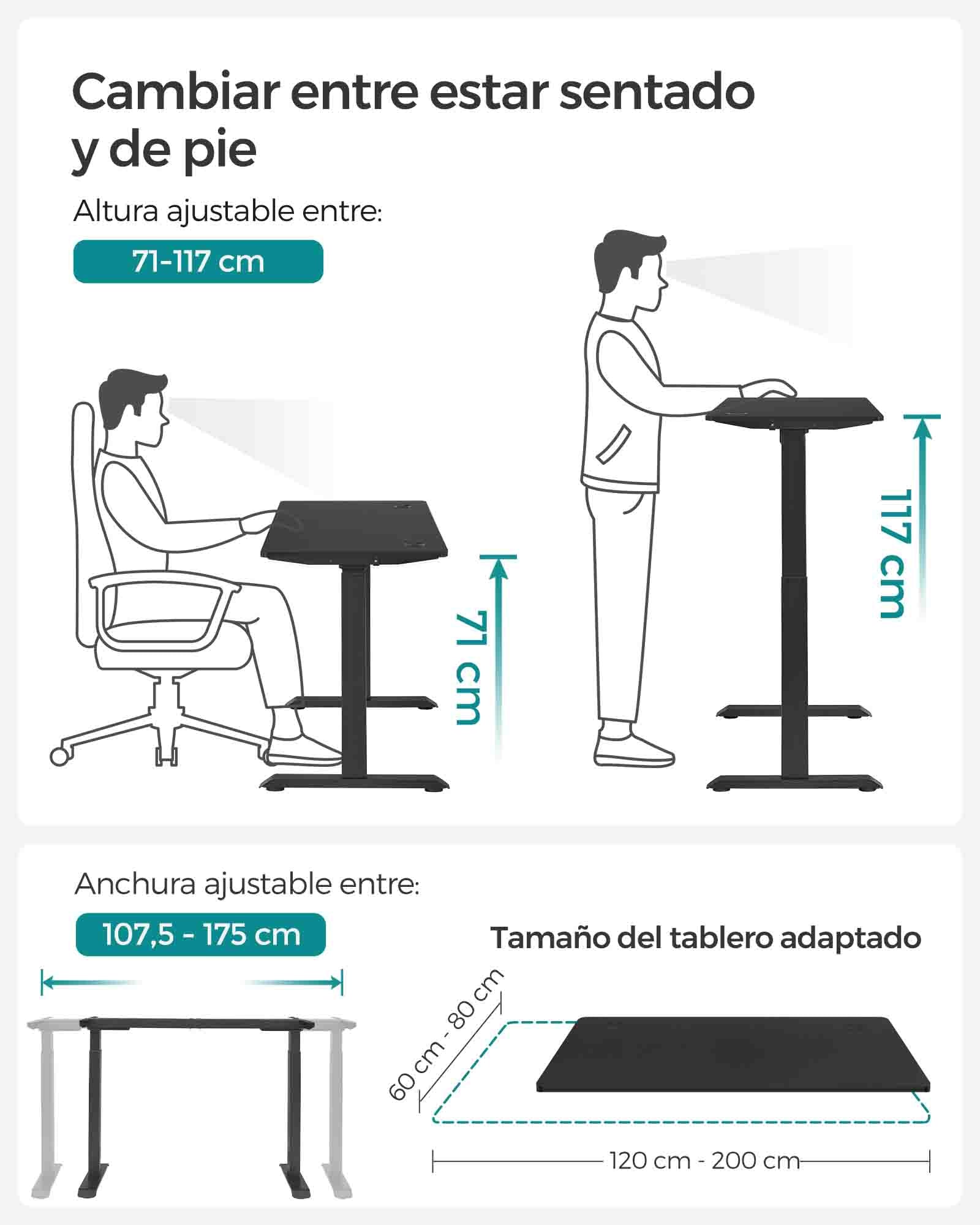 Escritorio Elevable Eléctrico, Mesa Regulable en Altura, 60 x 120 cm, Mesa Gamer, Doble Motor, 4 Alturas, Negro, Songmics, 3