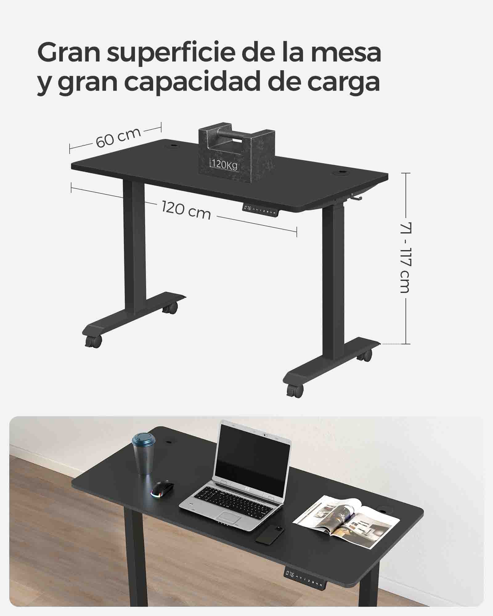 Escritorio Elevable Eléctrico, Mesa Regulable en Altura, 60 x 120 cm, Mesa Gamer, Doble Motor, 4 Alturas, Negro, Songmics, 6