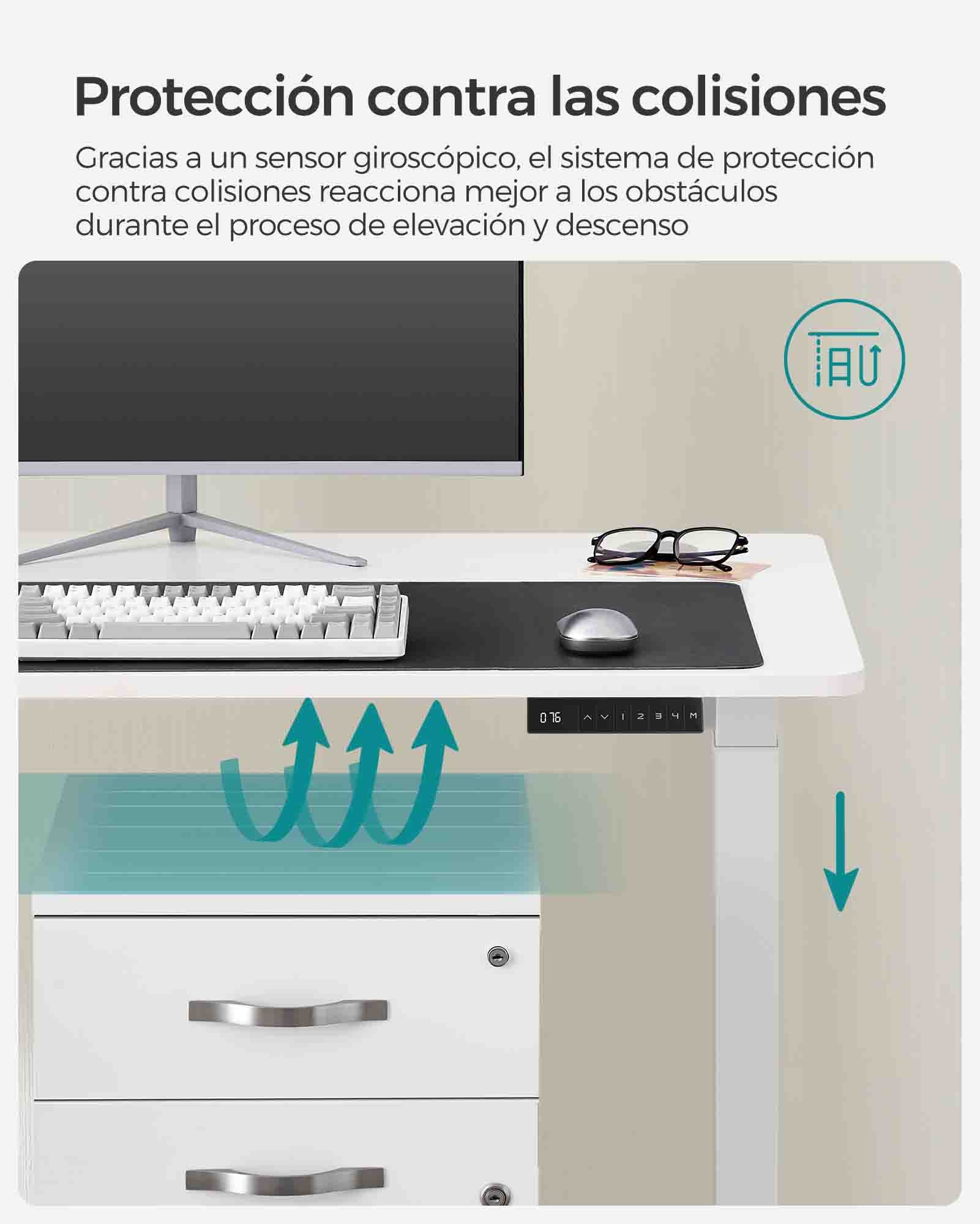 Escritorio Elevable Eléctrico, Mesa Regulable en Altura, Mesa Oficina, 60x120 cm, Doble Motor, 4 Alturas, Blanco, Songmics, 3