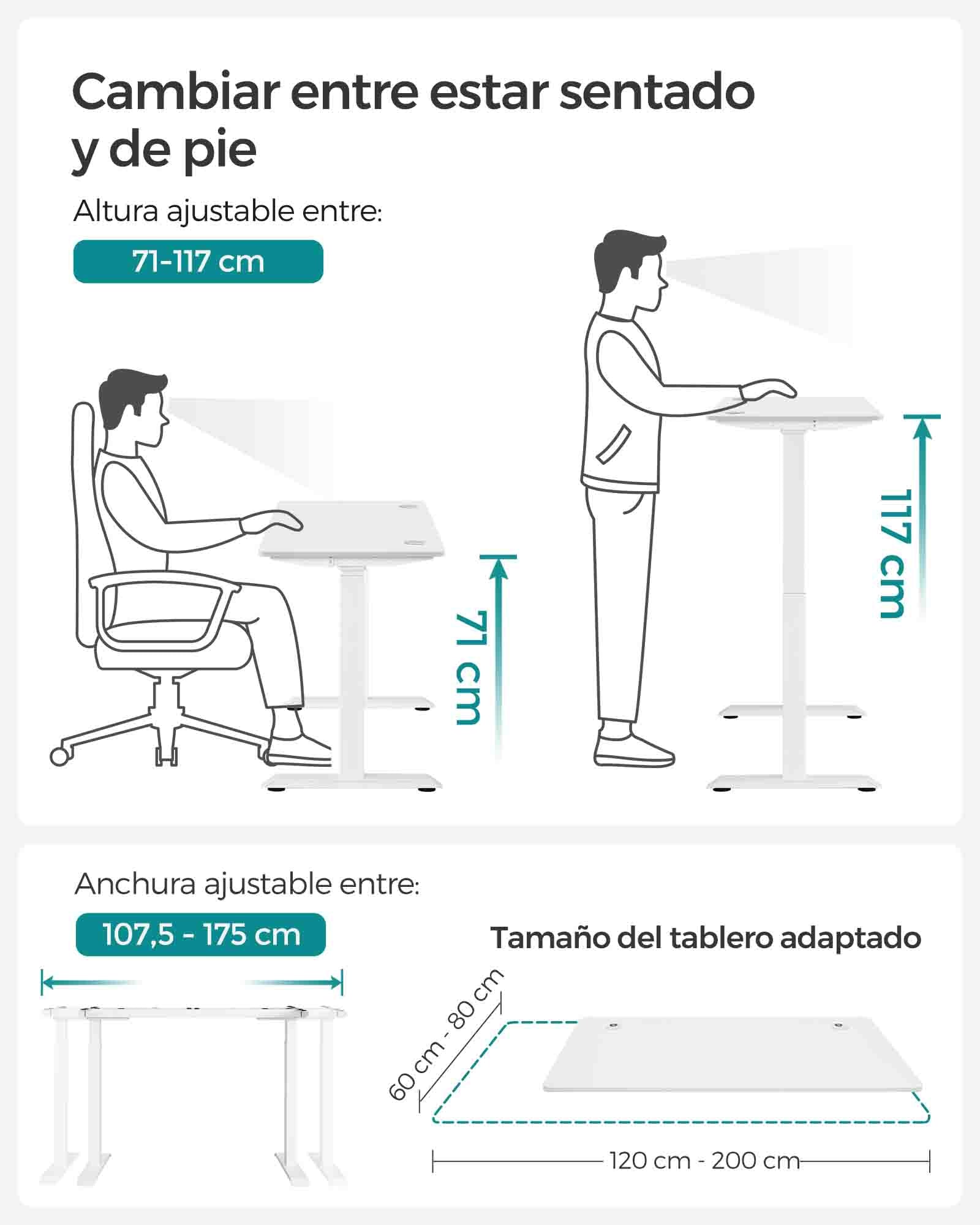 Escritorio Elevable Eléctrico, Mesa Regulable en Altura, Mesa Oficina, 60x120 cm, Doble Motor, 4 Alturas, Blanco, Songmics, 4