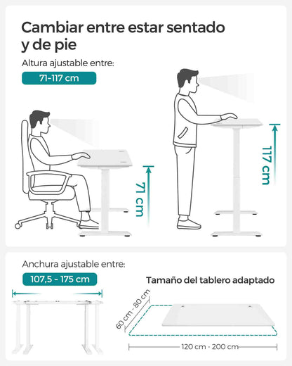 Escritorio Elevable Eléctrico, Mesa Regulable en Altura, Mesa Oficina, 60x120 cm, Doble Motor, 4 Alturas, Blanco, Songmics, 4