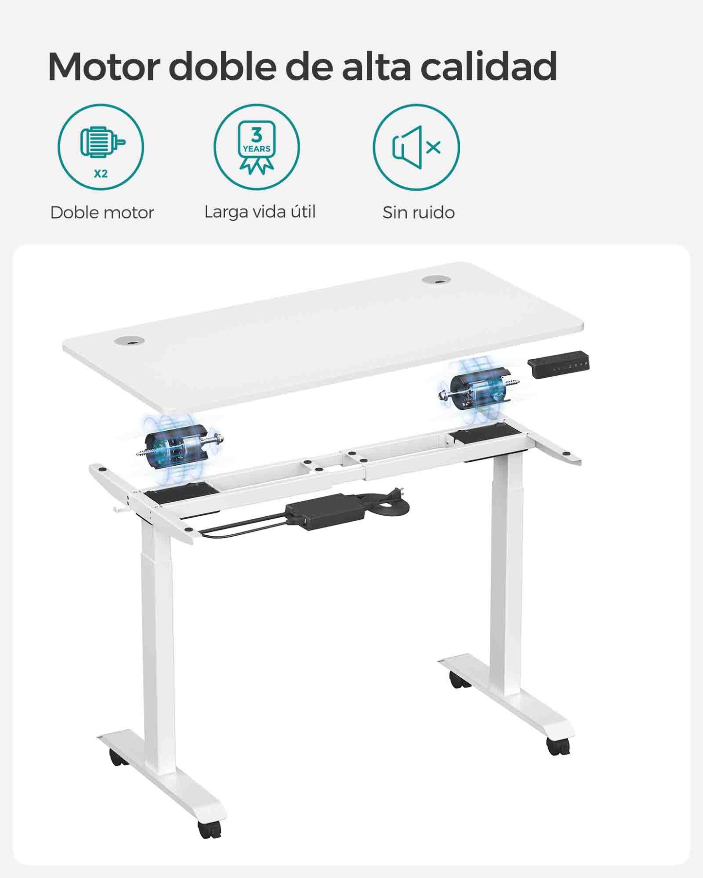 Escritorio Elevable Eléctrico, Mesa Regulable en Altura, Mesa Oficina, 60x120 cm, Doble Motor, 4 Alturas, Blanco, Songmics, 6