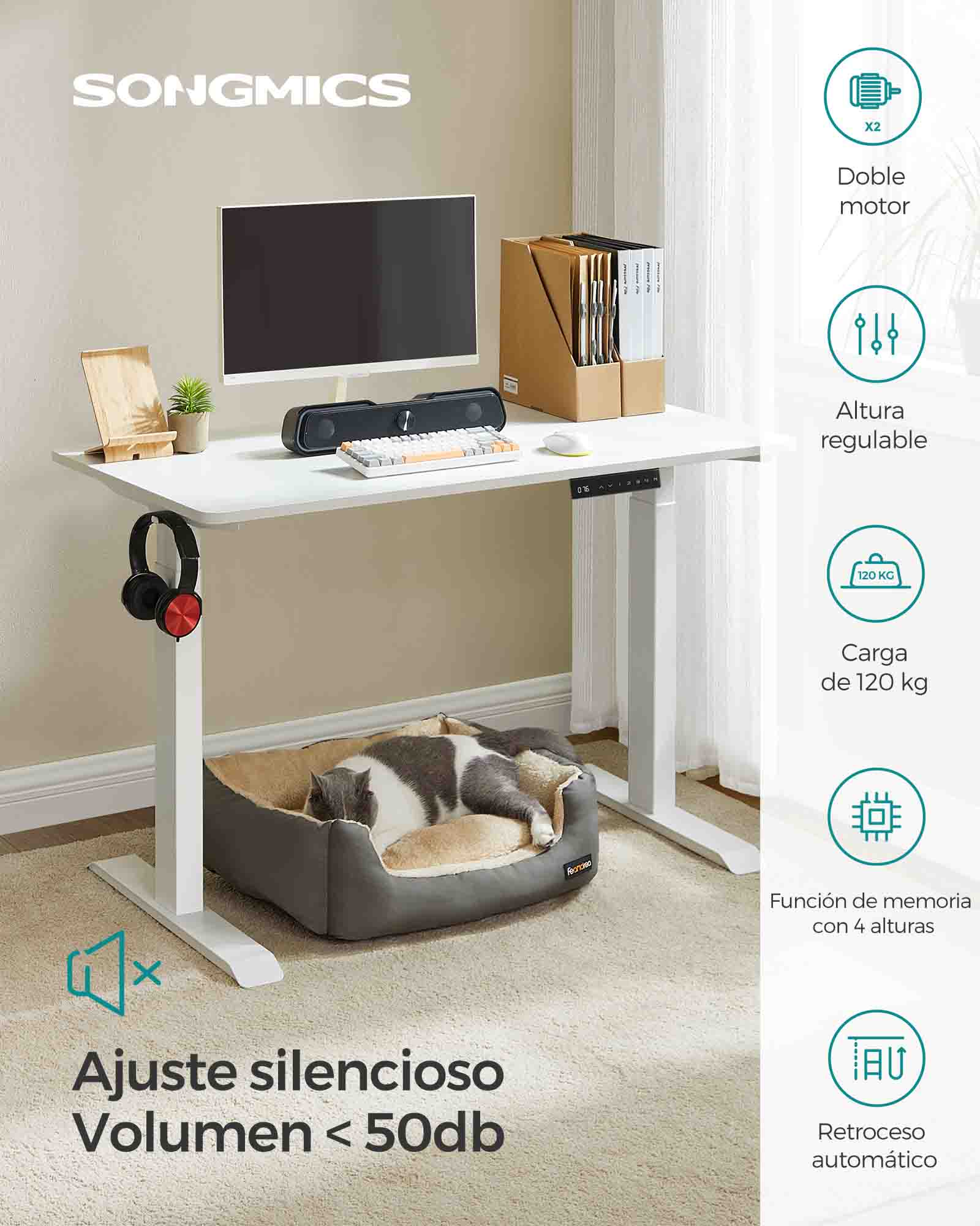 Escritorio Elevable Eléctrico, Mesa Regulable en Altura, Mesa Oficina, 60x120 cm, Doble Motor, 4 Alturas, Blanco, Songmics, 2