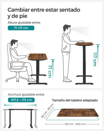 Escritorio Elevable Eléctrico, Mesa Regulable en Altura, Mesa Ordenador, 70 x 140 cm, 4 Alturas, Marrón Rústico y Negro, Songmics, 3