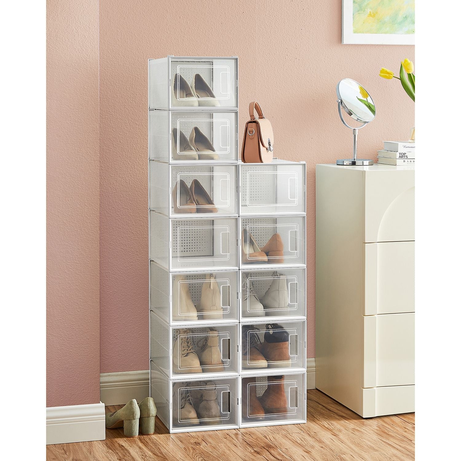 Cajas para Zapatos, Juego de 12, Organizador de Zapatos, Cajas Zapatos, hasta talla 46, Transparente Blanco