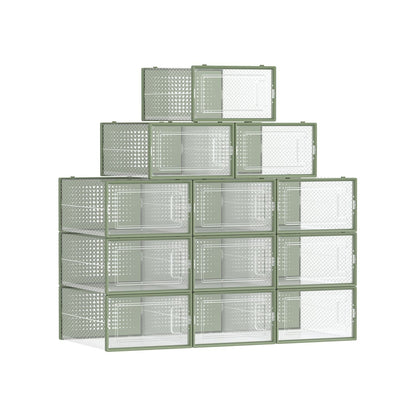 Cajas para Zapatos, Juego de 12, Cajas Zapatos, Plegable y Apilable, hasta talla 44, Plástico, Transparente y Verde, SONGMICS, 1