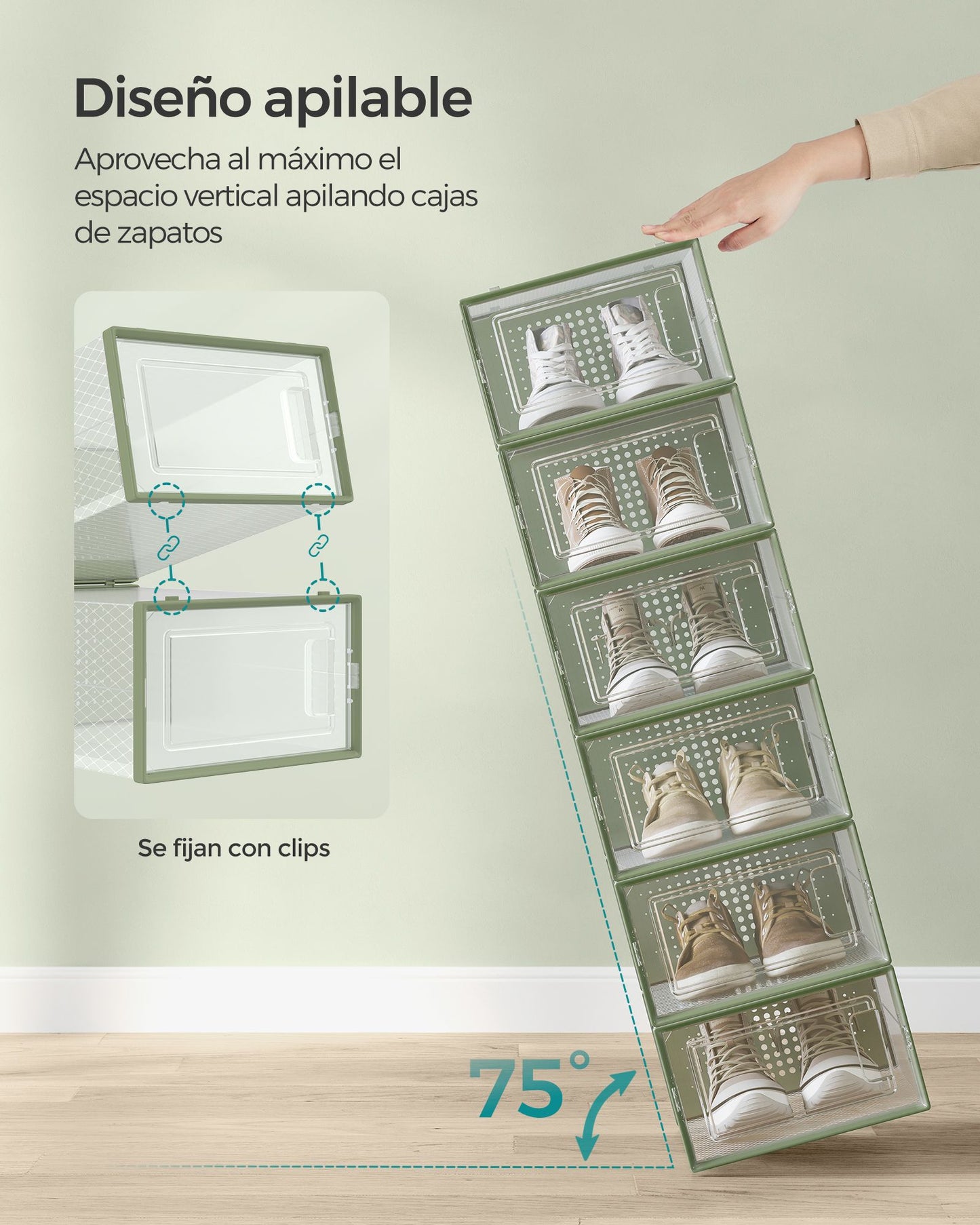 Cajas para Zapatos, Juego de 12, Cajas Zapatos, Plegable y Apilable, hasta talla 44, Plástico, Transparente y Verde, SONGMICS, 5