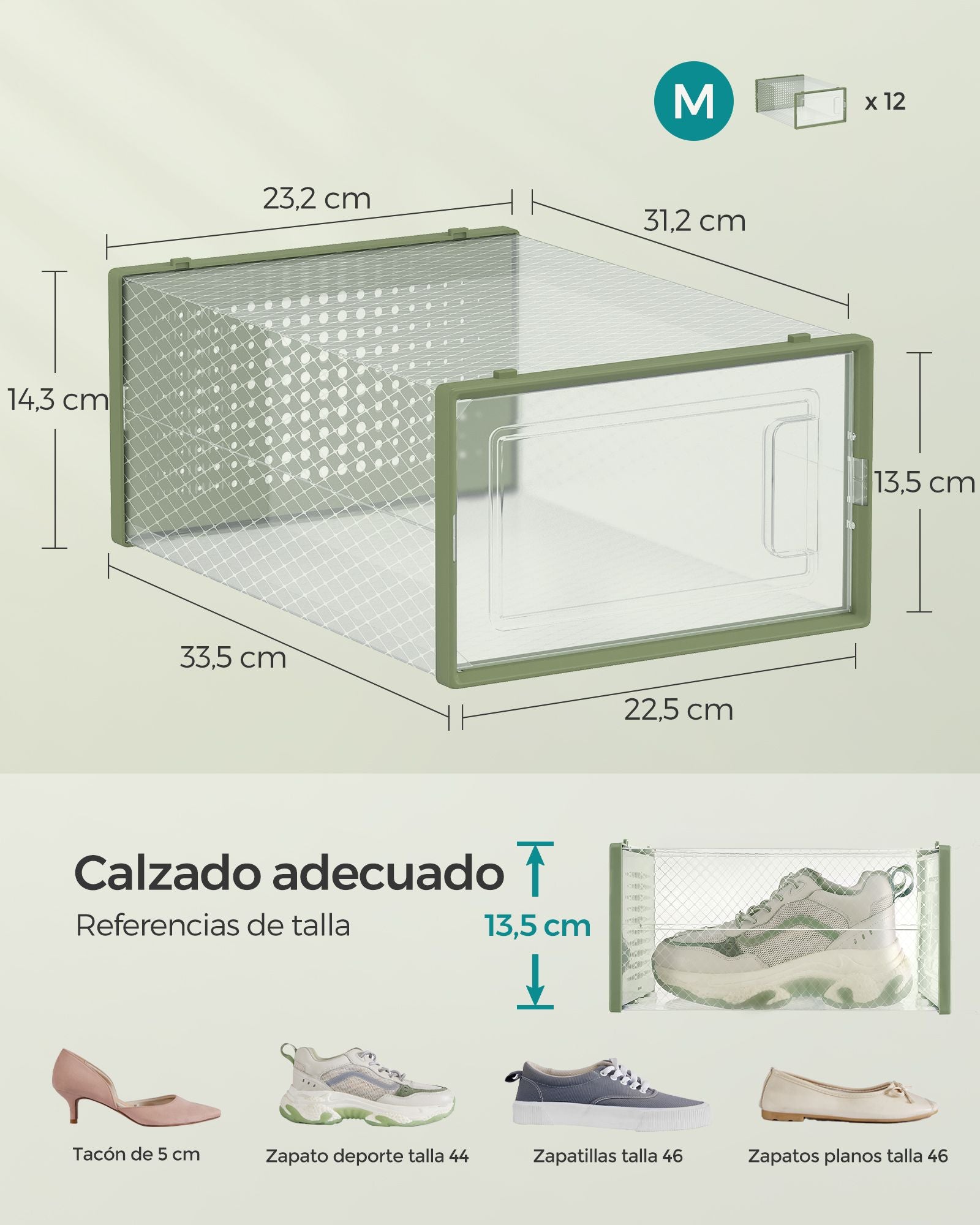 Cajas para Zapatos, Juego de 12, Cajas Zapatos, Plegable y Apilable, hasta talla 44, Plástico, Transparente y Verde, SONGMICS, 7