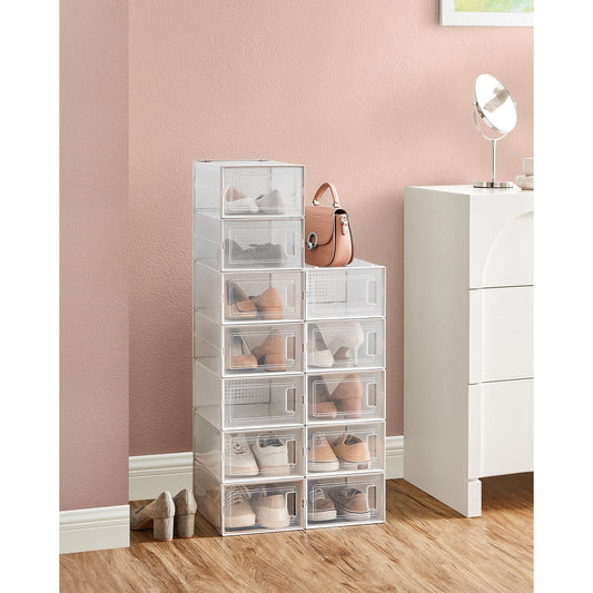 Cajas para Zapatos, Juego de 12, Organizador de Zapatos, Plegable y Apilable, hasta talla 44, Transparente Blanco, SONGMICS, 1