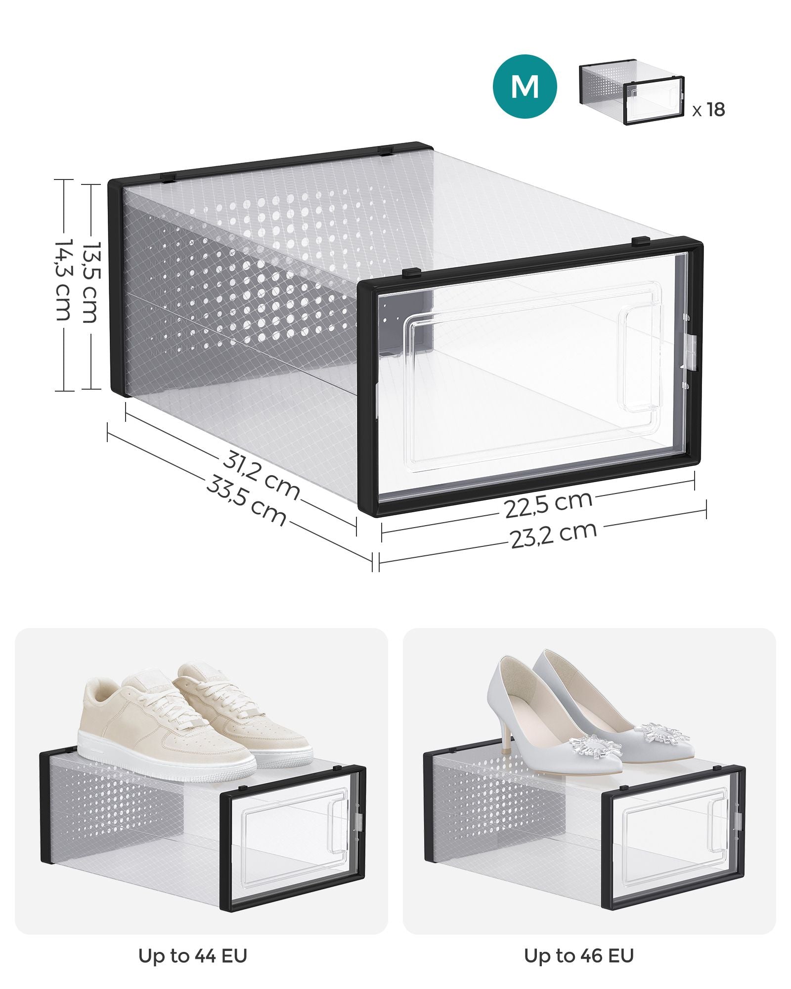 Cajas para Zapatos, Juego de 18 Organizador de Zapatos, Cajas Zapatos, hasta talla 44, Plástico, Transparente y Negro, SONGMICS, 7