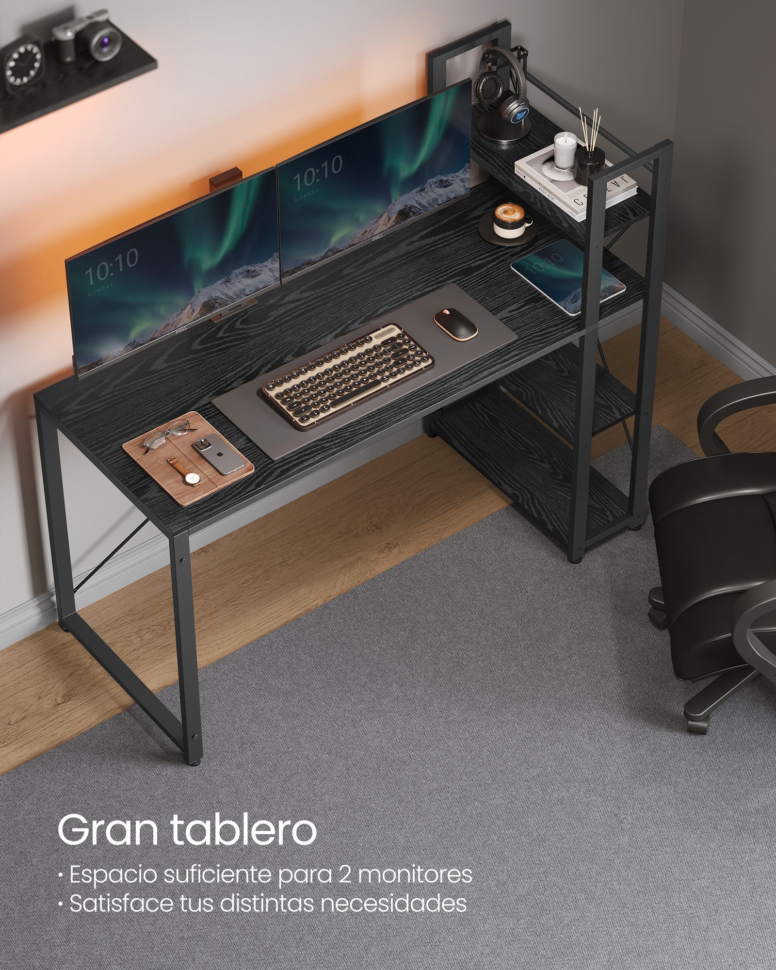 Escritorio, Escritorio con Estanteria, Mesa Ordenador, Escritorio Juvenil, Mesa Oficina, Negro, Vasagle, 5