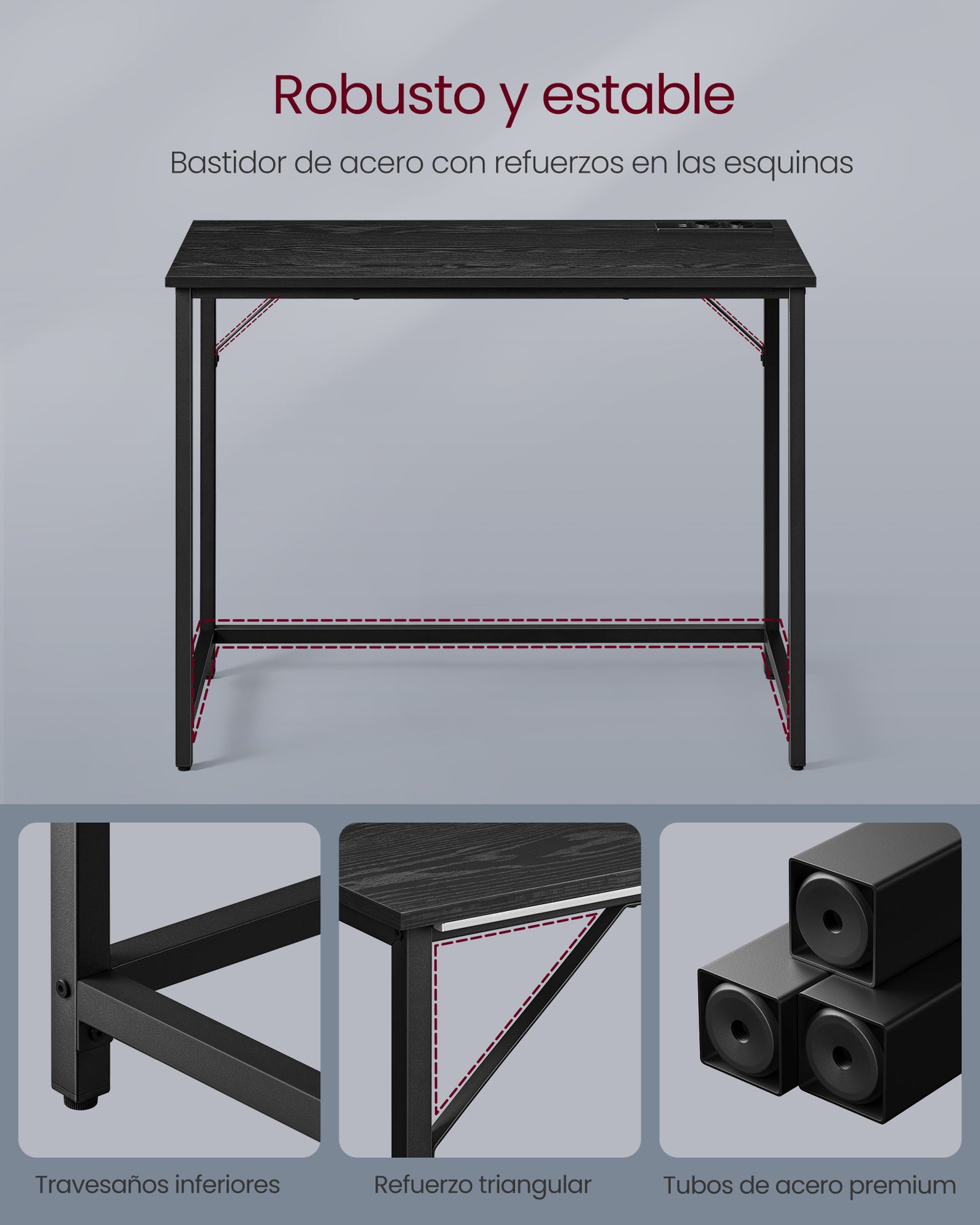 Mesa Gamer, Escritorio Juvenil, Mesa Ordenador, con Luces LED y Tomas Corriente Incorporadas, 50x100x76 cm, Negro, Vasagle, 5