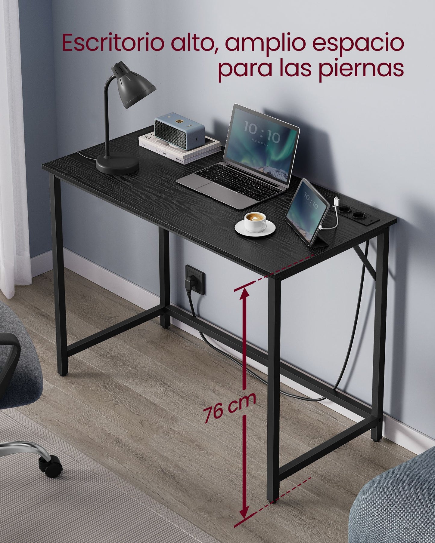 Mesa Gamer, Escritorio Juvenil, Mesa Ordenador, con Luces LED y Tomas Corriente Incorporadas, 50x100x76 cm, Negro, Vasagle, 6