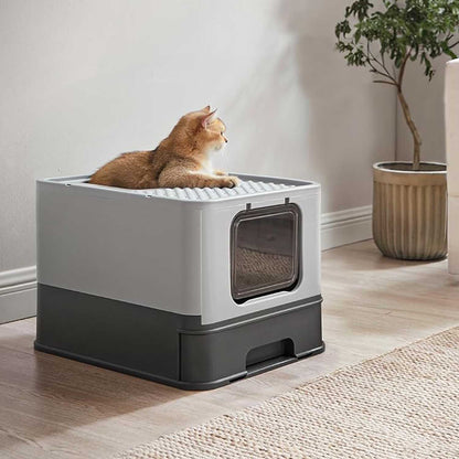 Arenero para Gatos, Caja de Arena, Arenero Gato, con Bandeja Extraíble, Pala, Cepillo, Carga de 15 kg, Gris, Feandrea, 1
