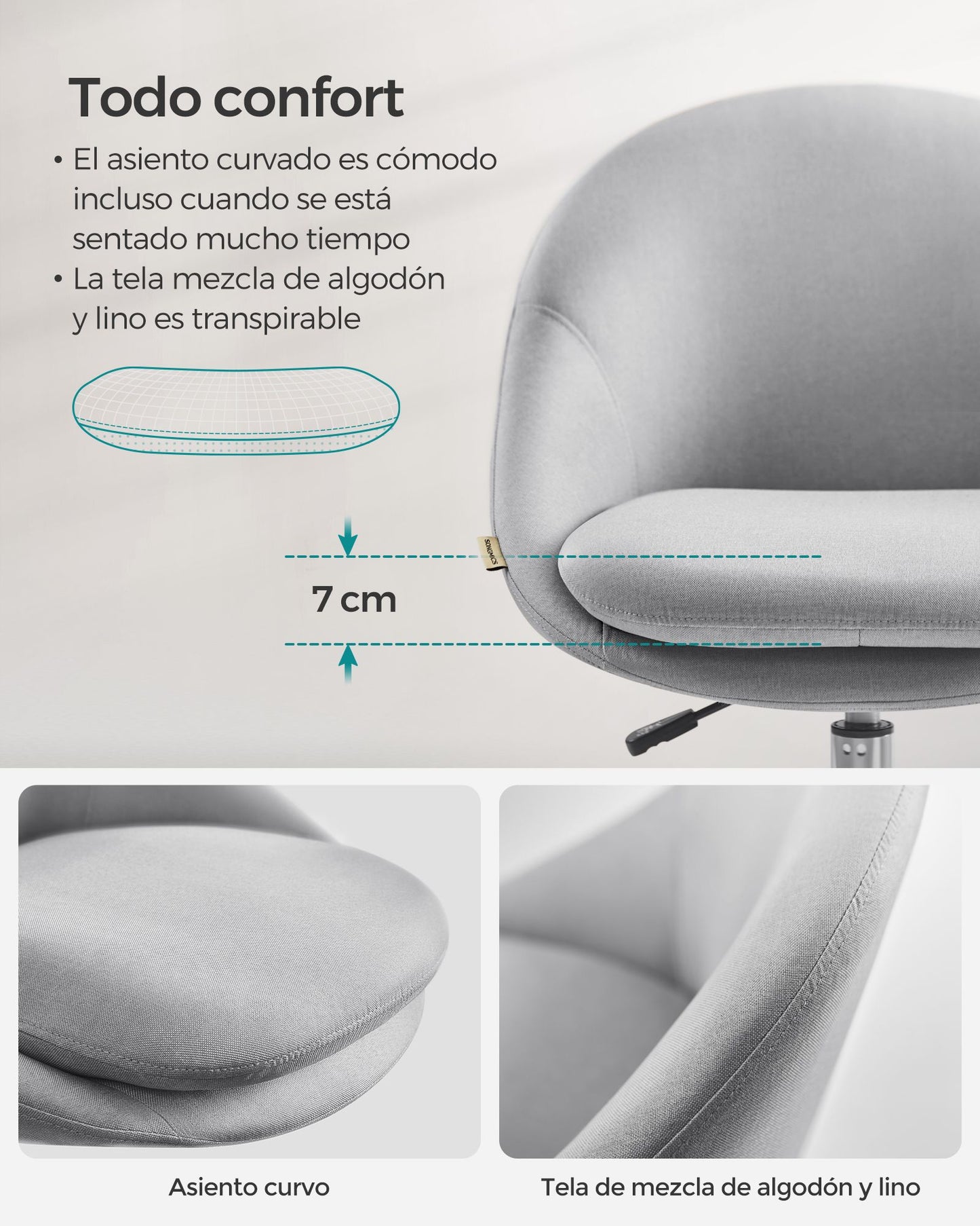 Silla Escritorio Ergonomica, Silla Escritorio, Silla Estudio, Silla Giratoria, Altura Ajustable, Gris, Songmics, 8