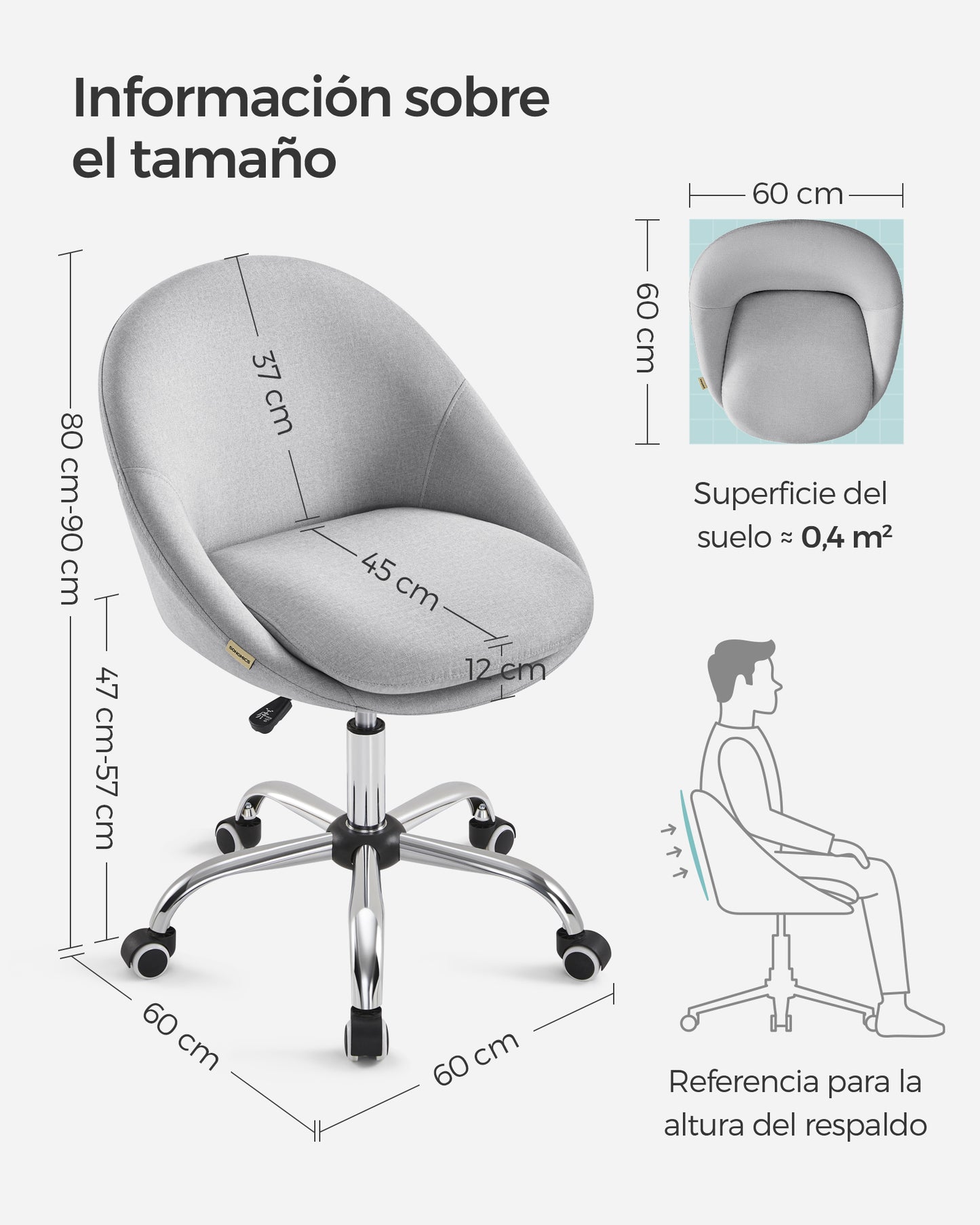 Silla Escritorio Ergonomica, Silla Escritorio, Silla Estudio, Silla Giratoria, Altura Ajustable, Gris, Songmics, 11