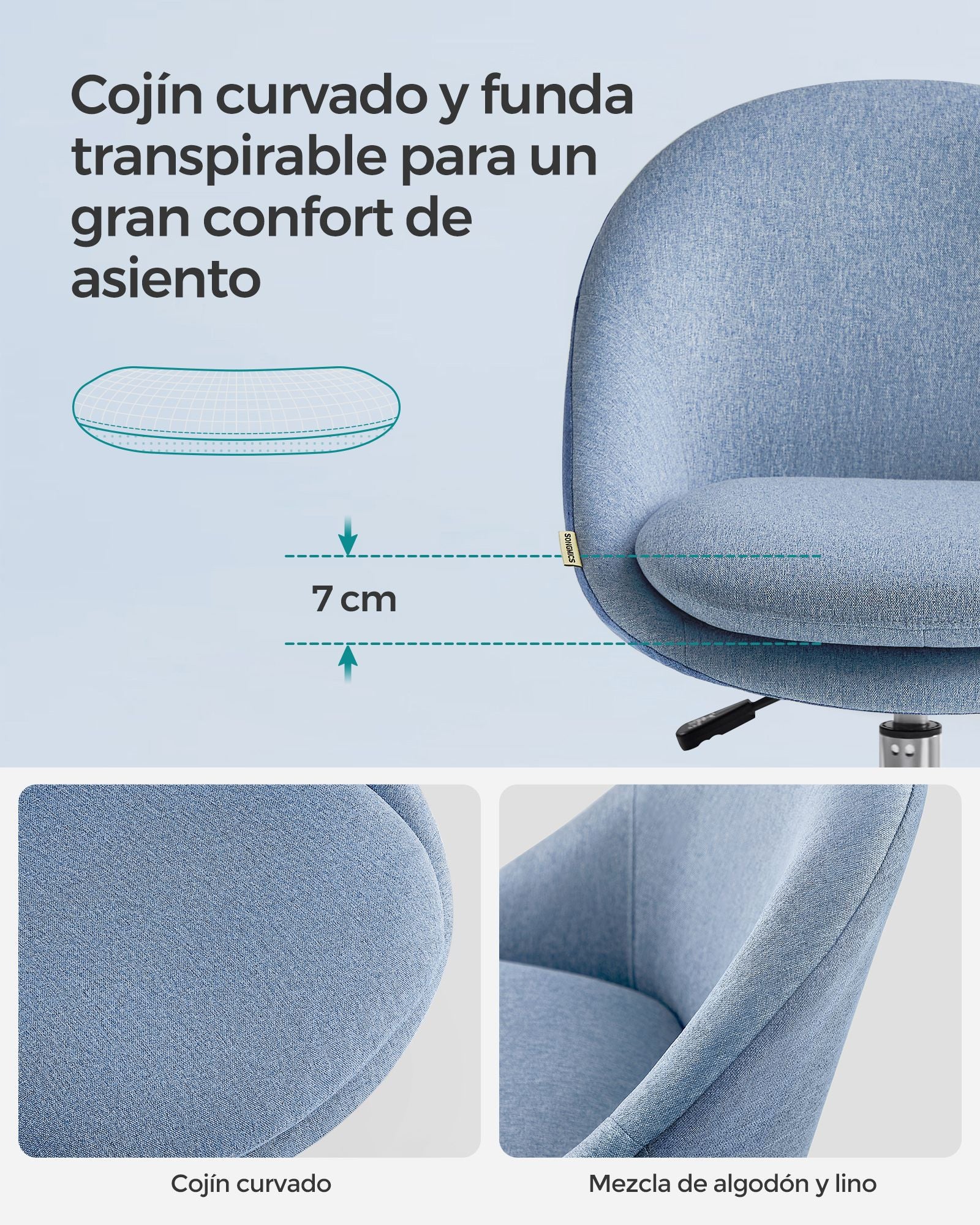 Silla Escritorio Ergonomica, Silla Escritorio, Silla Estudio, Silla Giratoria, Altura Ajustable, Azul, Songmics, 6