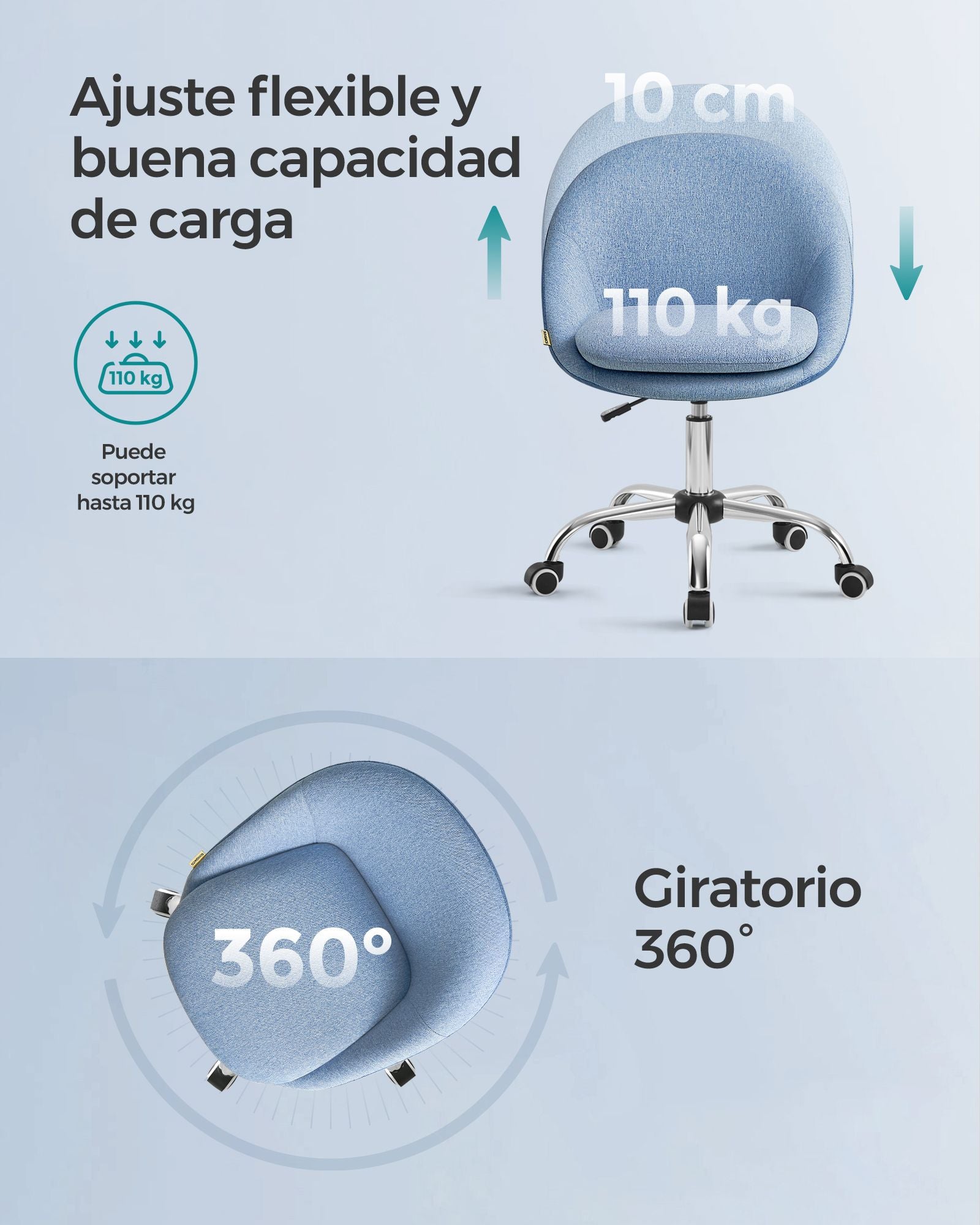 Silla Escritorio Ergonomica, Silla Escritorio, Silla Estudio, Silla Giratoria, Altura Ajustable, Azul, Songmics, 7