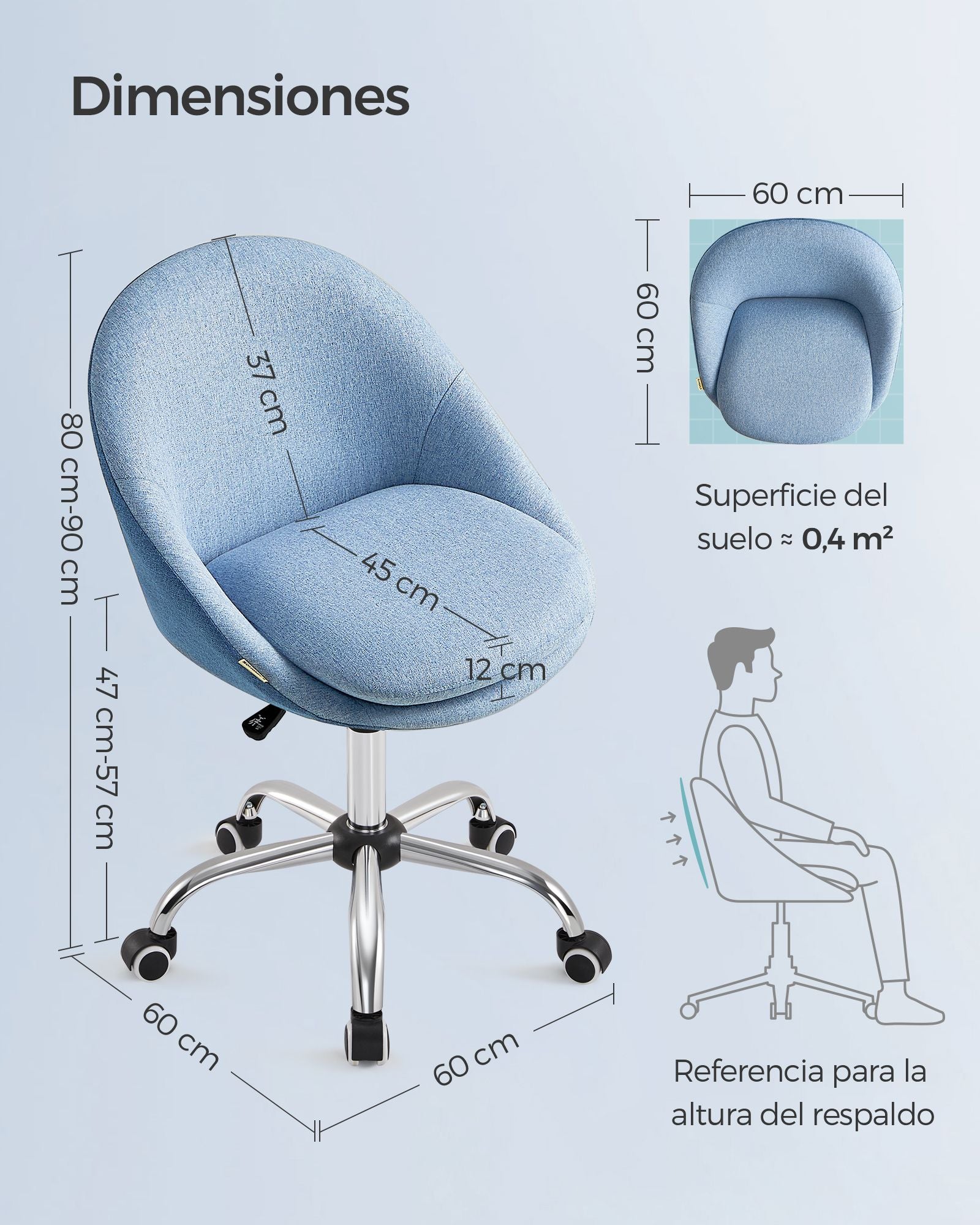 Silla Escritorio Ergonomica, Silla Escritorio, Silla Estudio, Silla Giratoria, Altura Ajustable, Azul, Songmics, 8