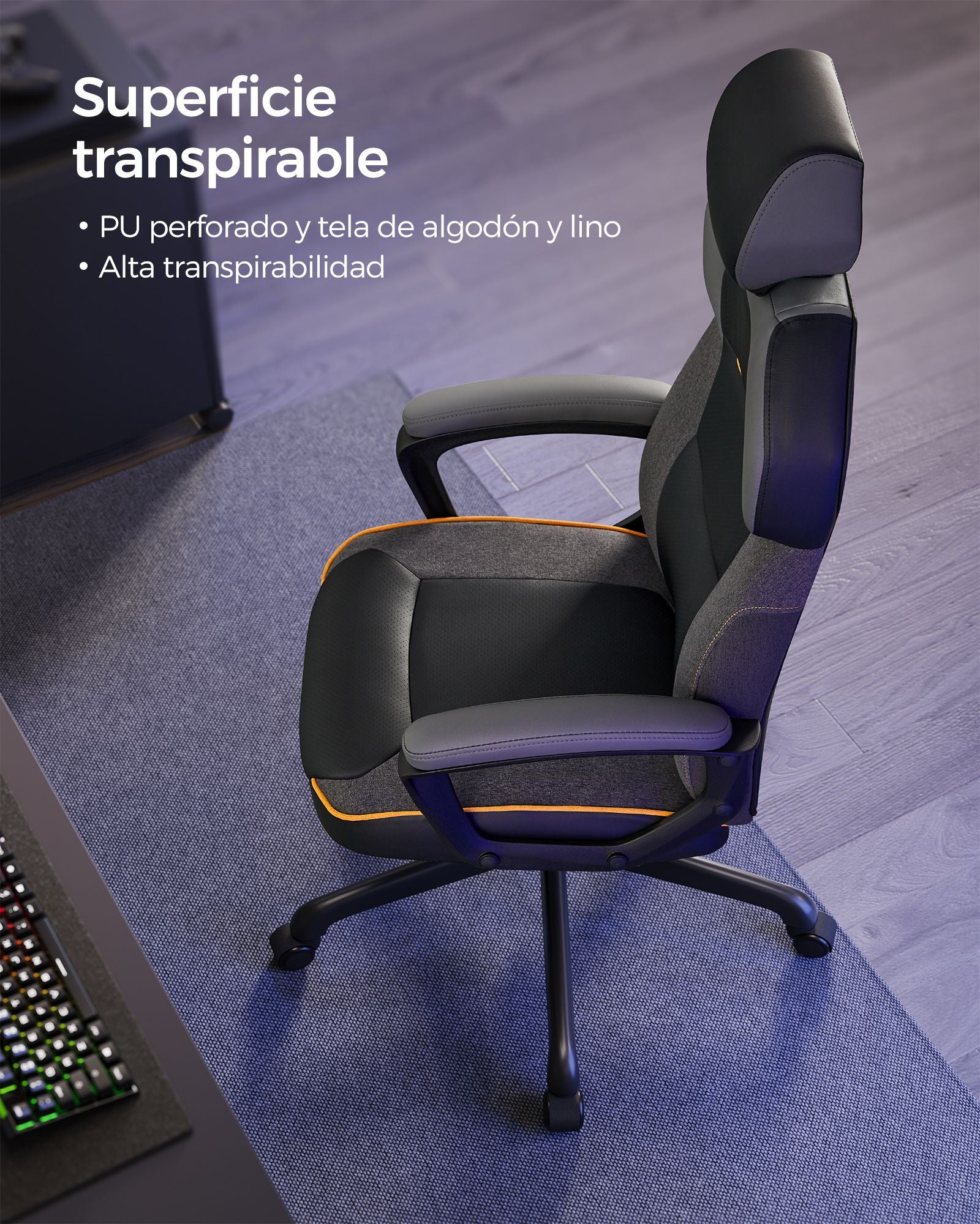 Silla Gamer, Silla Oficina, Altura Ajustable, Silla Escritorio, Silla Ordenador, Carga 150 kg, Negro, SONGMICS, 2