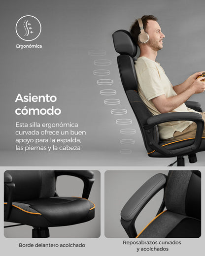 Silla Gamer, Silla Oficina, Altura Ajustable, Silla Escritorio, Silla Ordenador, Carga 150 kg, Negro, SONGMICS, 3