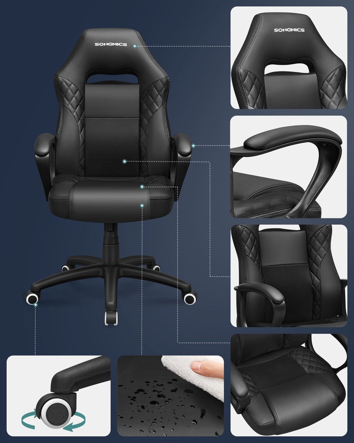 Silla Gamer, Silla Ergonomica, Silla Escritorio, Respaldo Alto, con Soporte Lumbar Ajustable en Altura, Negro, Songmics, 4