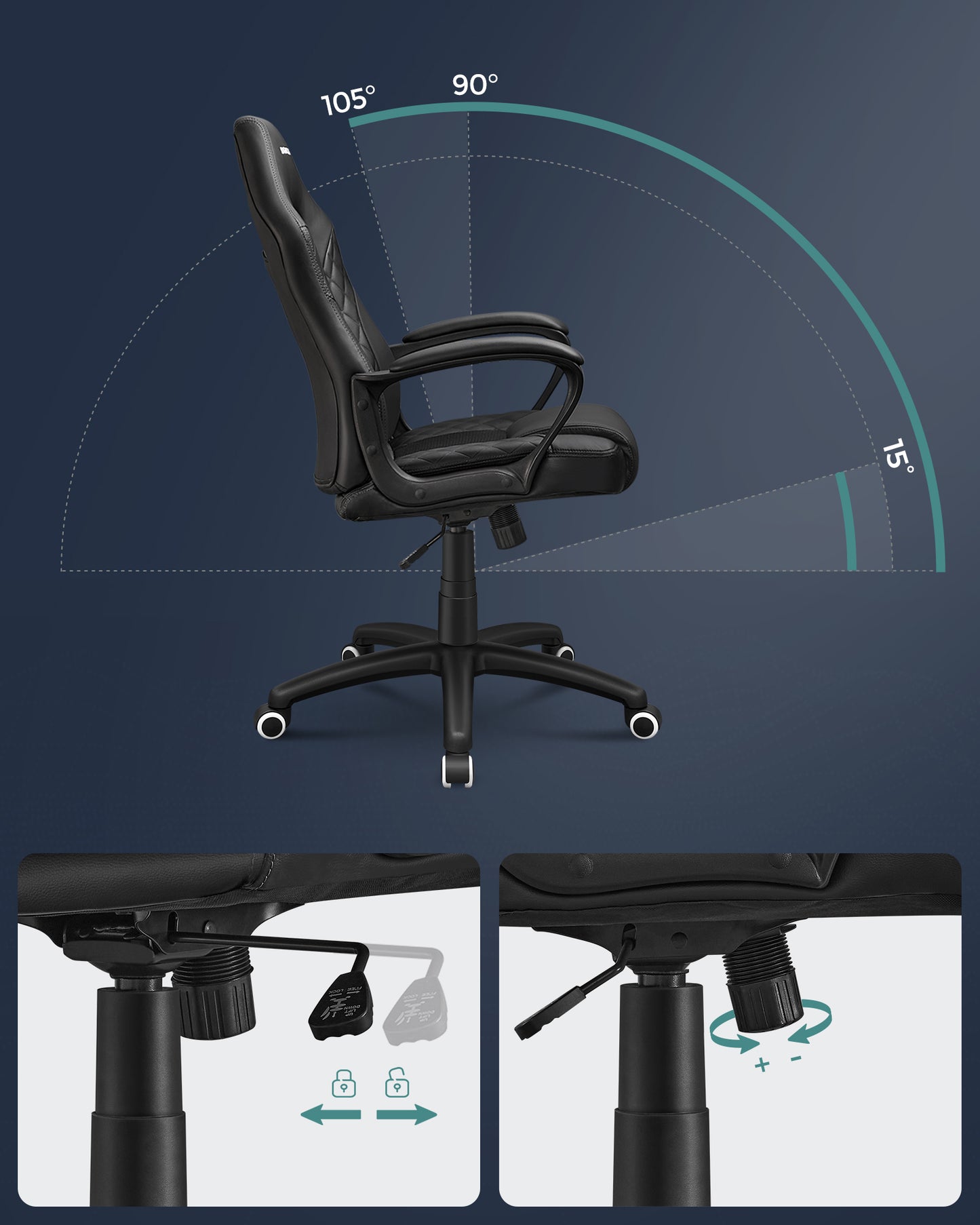 Silla Gamer, Silla Ergonomica, Silla Escritorio, Respaldo Alto, con Soporte Lumbar Ajustable en Altura, Negro, Songmics, 5