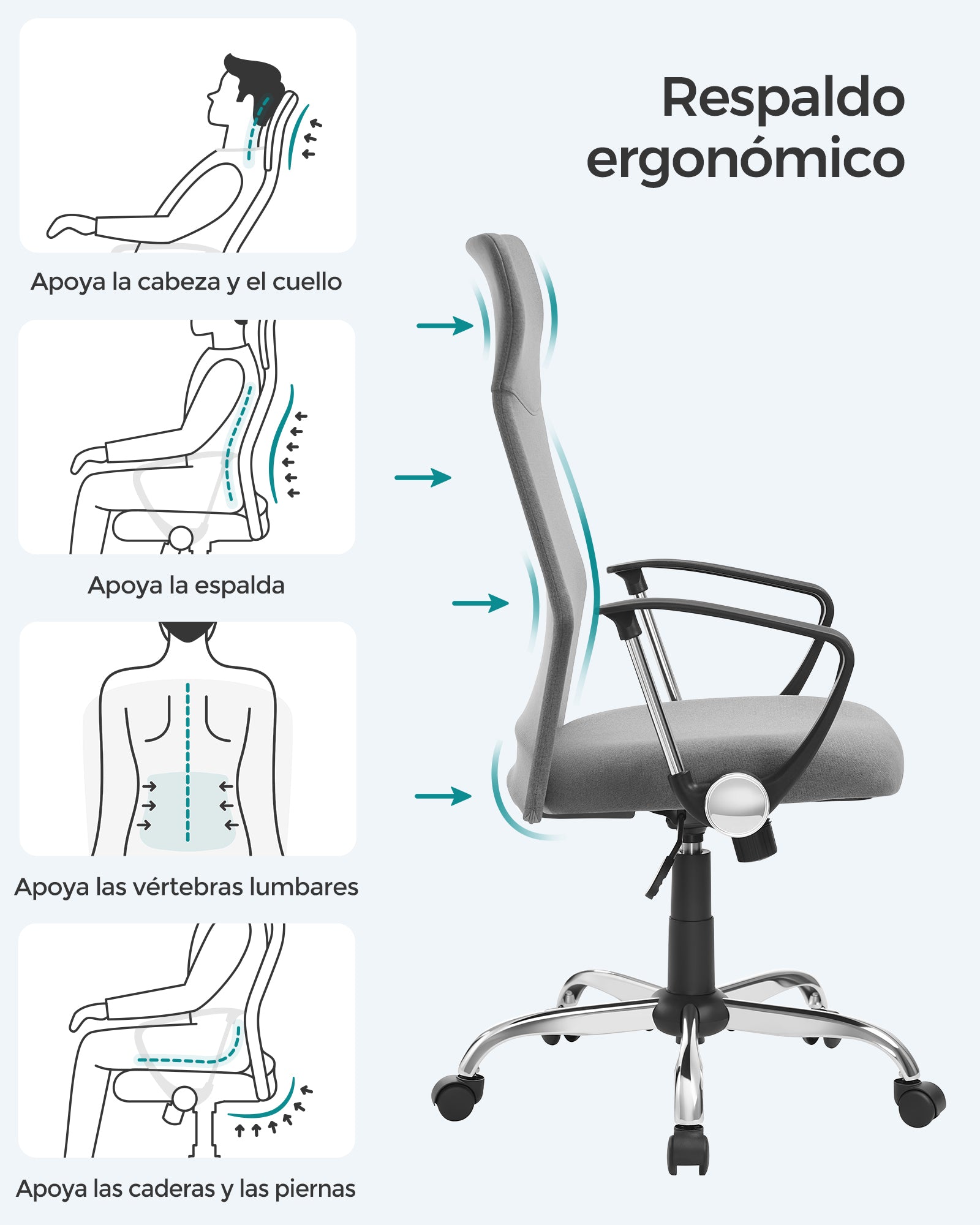 Silla Escritorio, Silla Giratoria, Silla Oficina, Silla Ordenador, Regulable en Altura e inclinable, Carga 120 kg, Gris, Songmics, 3