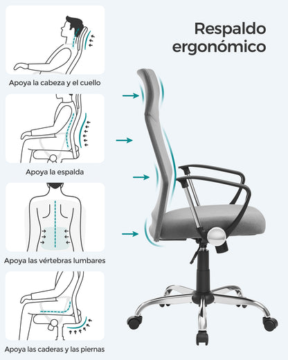 Silla Escritorio, Silla Giratoria, Silla Oficina, Silla Ordenador, Regulable en Altura e inclinable, Carga 120 kg, Gris, Songmics, 3