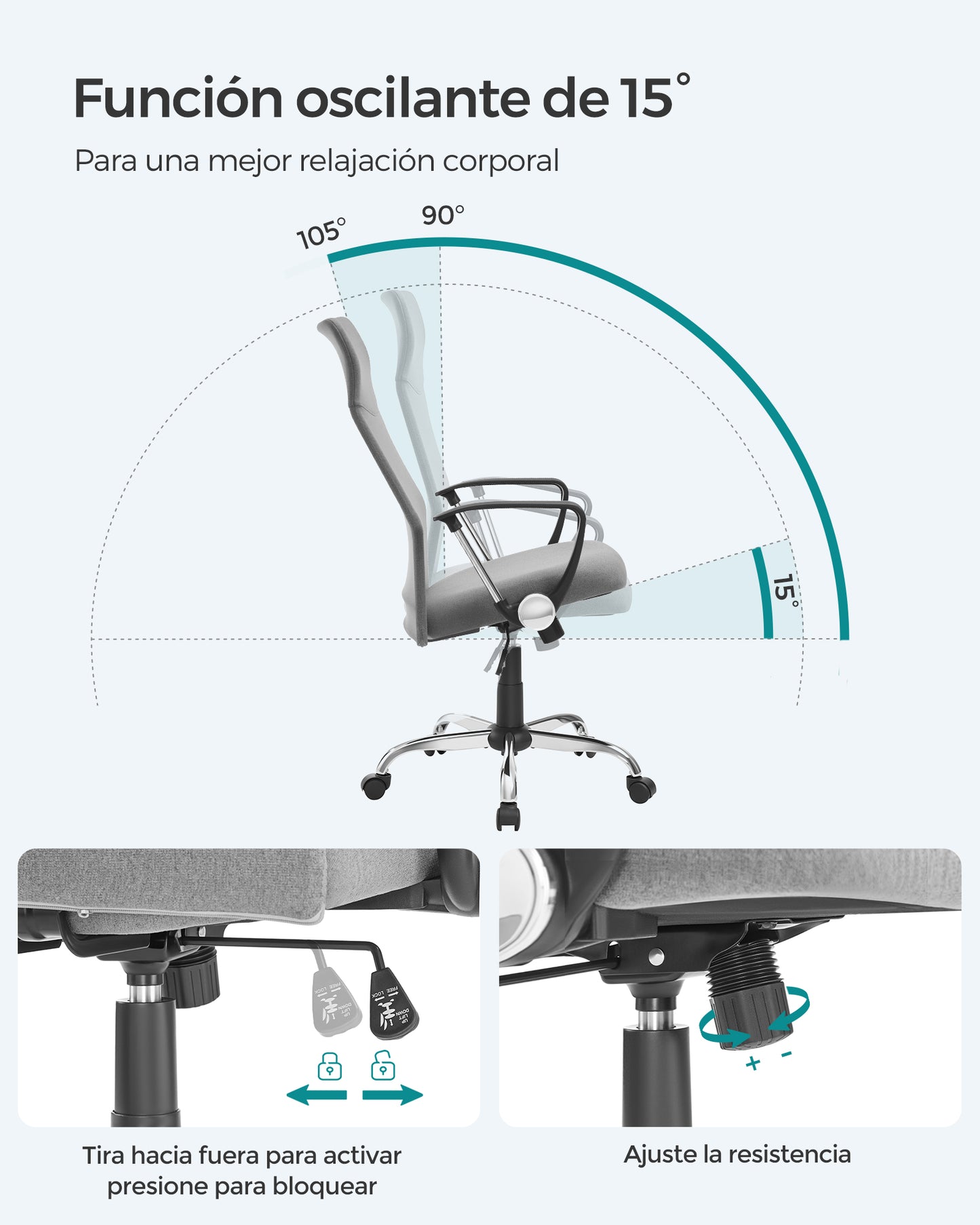 Silla Escritorio, Silla Giratoria, Silla Oficina, Silla Ordenador, Regulable en Altura e inclinable, Carga 120 kg, Gris, Songmics, 4