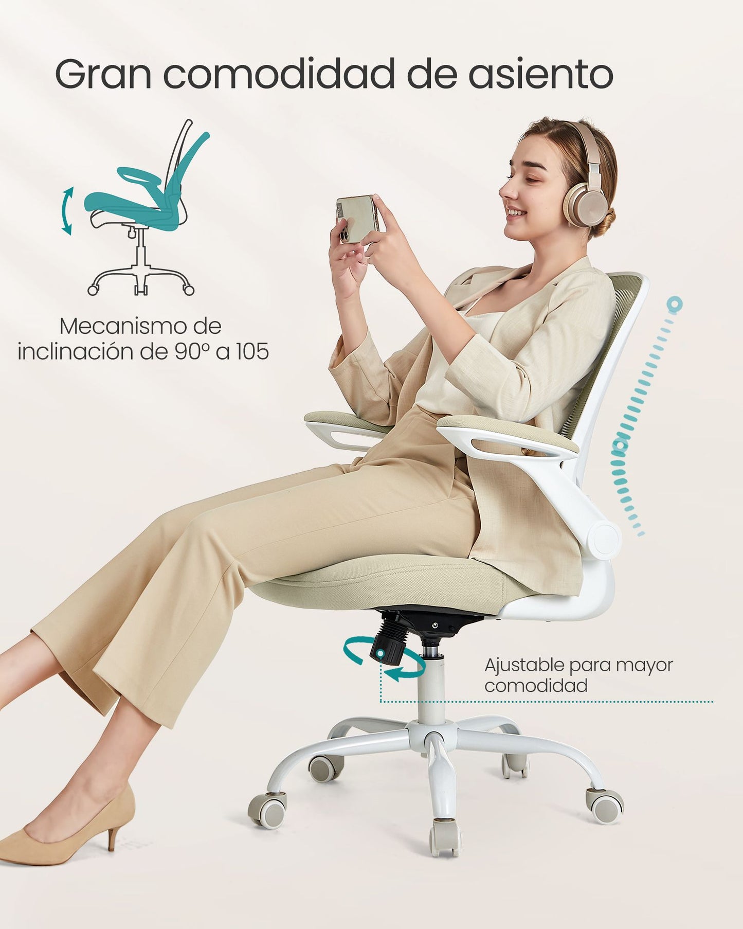 Silla Escritorio, Silla Ordenador, Silla Estudio, Silla Ergonomica, Soporte Lumbar, Oscilante, Beige, Songmics, 5