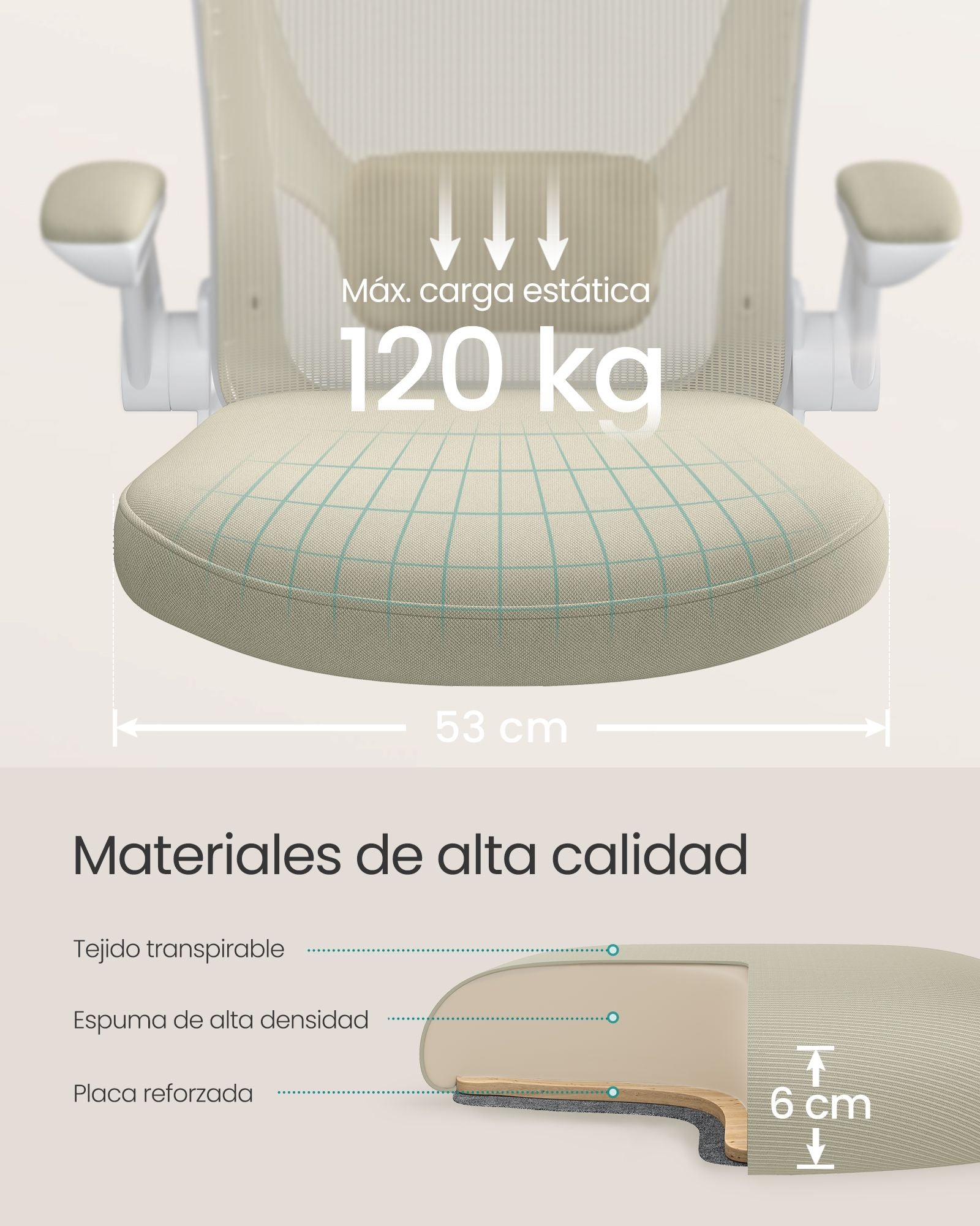 Silla Escritorio, Silla Ordenador, Silla Estudio, Silla Ergonomica, Soporte Lumbar, Oscilante, Beige, Songmics, 7