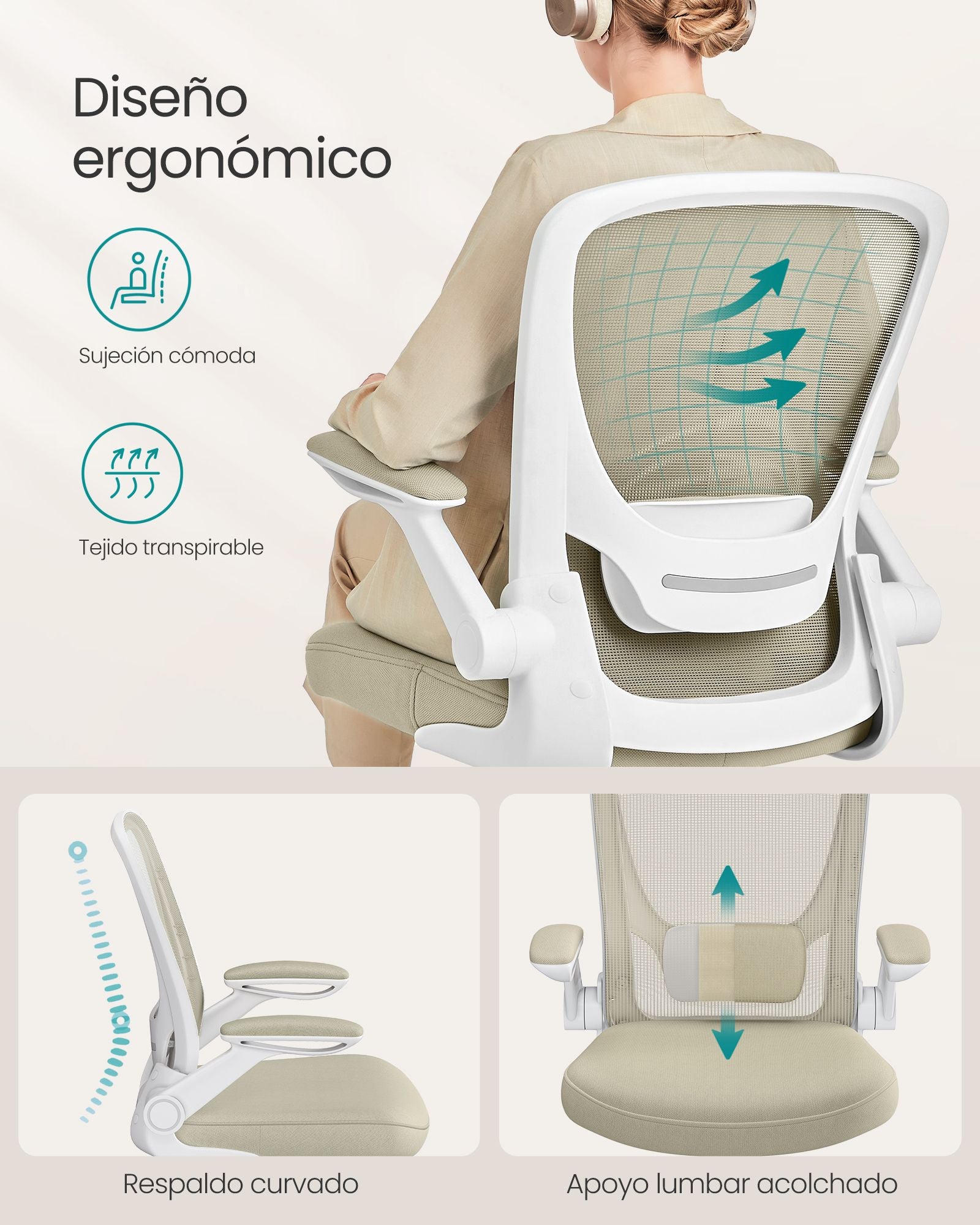 Silla Escritorio, Silla Ordenador, Silla Estudio, Silla Ergonomica, Soporte Lumbar, Oscilante, Beige, Songmics, 8