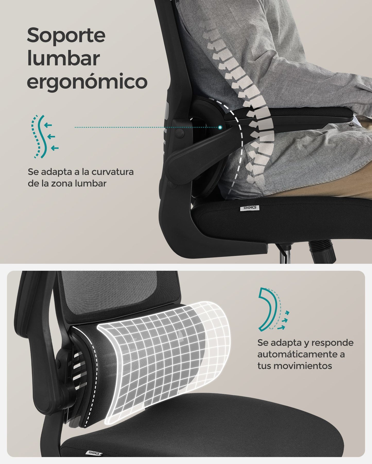 Silla Escritorio, Silla Ergonomica, Silla Oficina, Respaldo Alto, Reposabrazos Abatibles, Soporte Lumbar, Negro, Songmics, 4