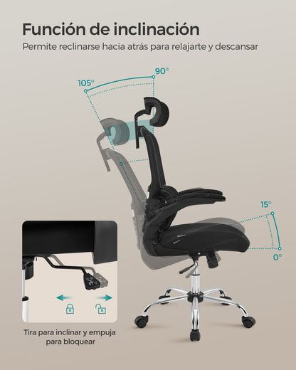 Silla Escritorio, Silla Ergonomica, Silla Oficina, Respaldo Alto, Reposabrazos Abatibles, Soporte Lumbar, Negro, Songmics, 6