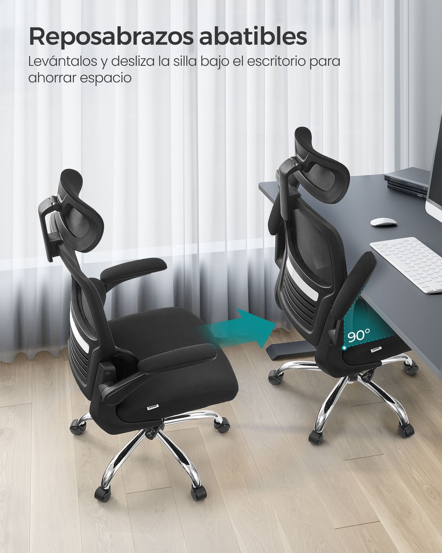 Silla Escritorio, Silla Ergonomica, Silla Oficina, Respaldo Alto, Reposabrazos Abatibles, Soporte Lumbar, Negro, Songmics, 8