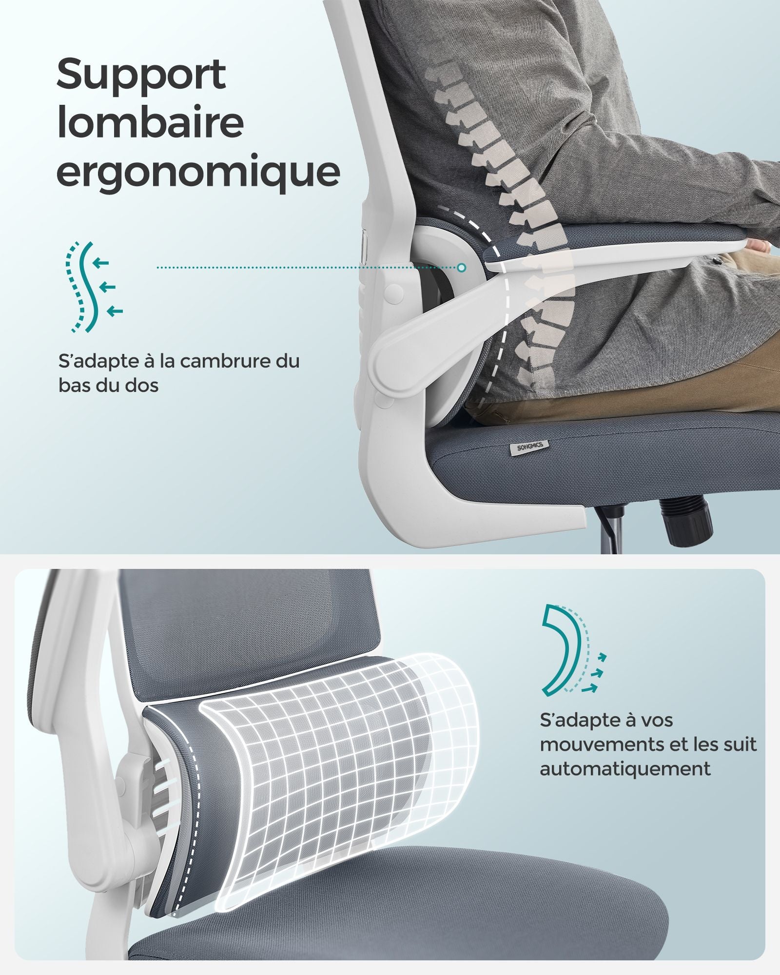 Silla Escritorio, Silla Ergonomica, Silla Oficina, Respaldo Alto, Reposabrazos Abatibles, Soporte Lumbar, Gris, Songmics, 4