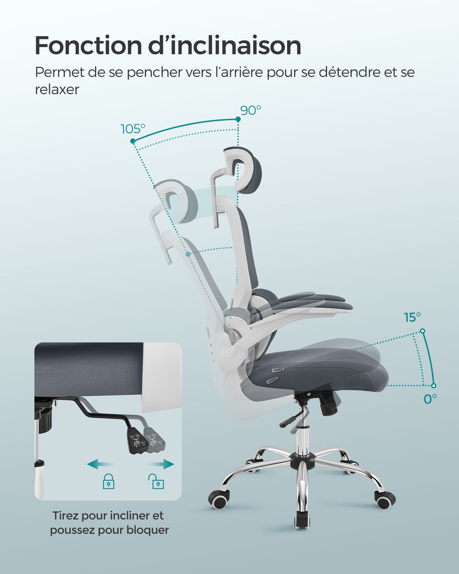 Silla Escritorio, Silla Ergonomica, Silla Oficina, Respaldo Alto, Reposabrazos Abatibles, Soporte Lumbar, Gris, Songmics, 6