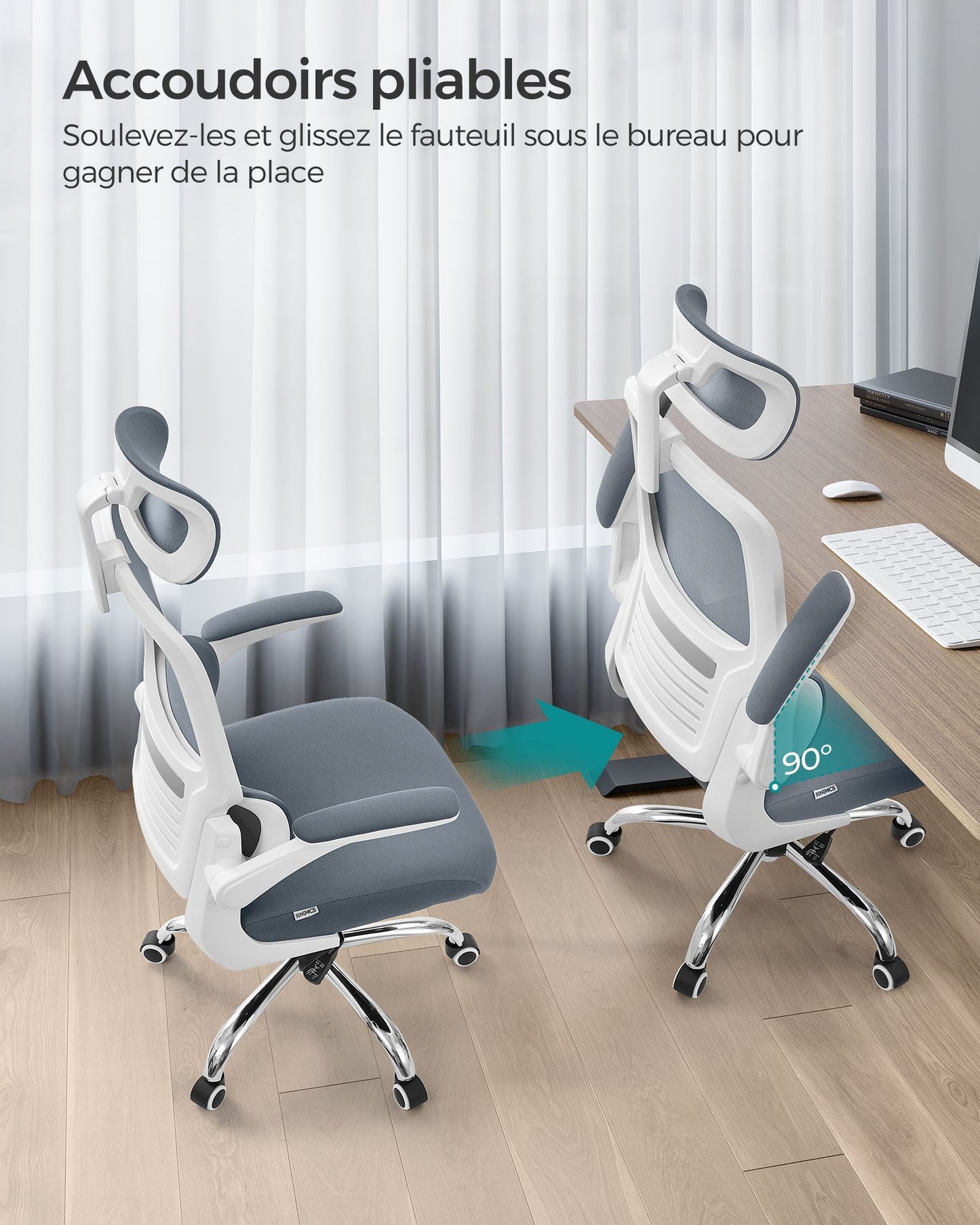 Silla Escritorio, Silla Ergonomica, Silla Oficina, Respaldo Alto, Reposabrazos Abatibles, Soporte Lumbar, Gris, Songmics, 8